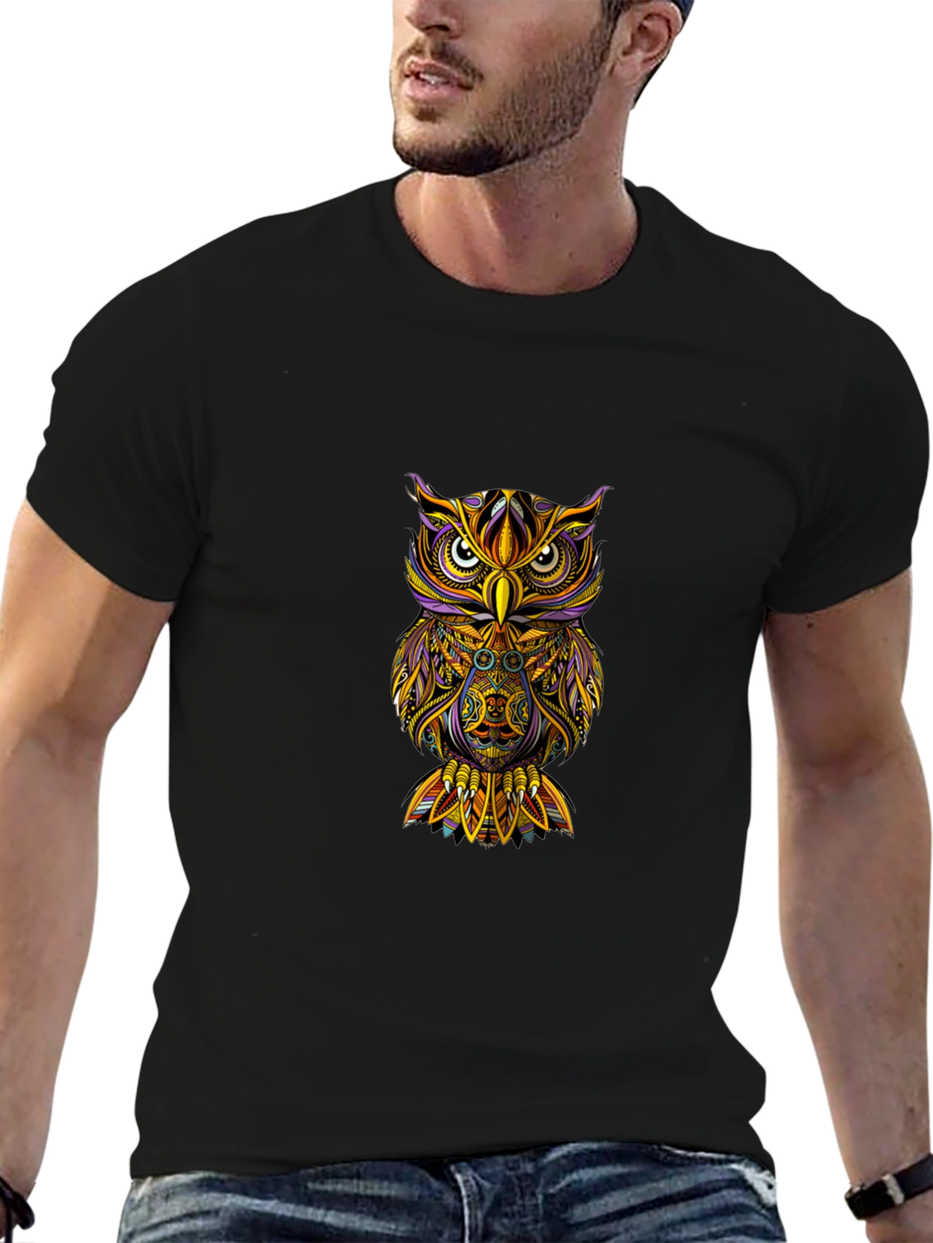 Owl Graphic Print T-Shirt - Black