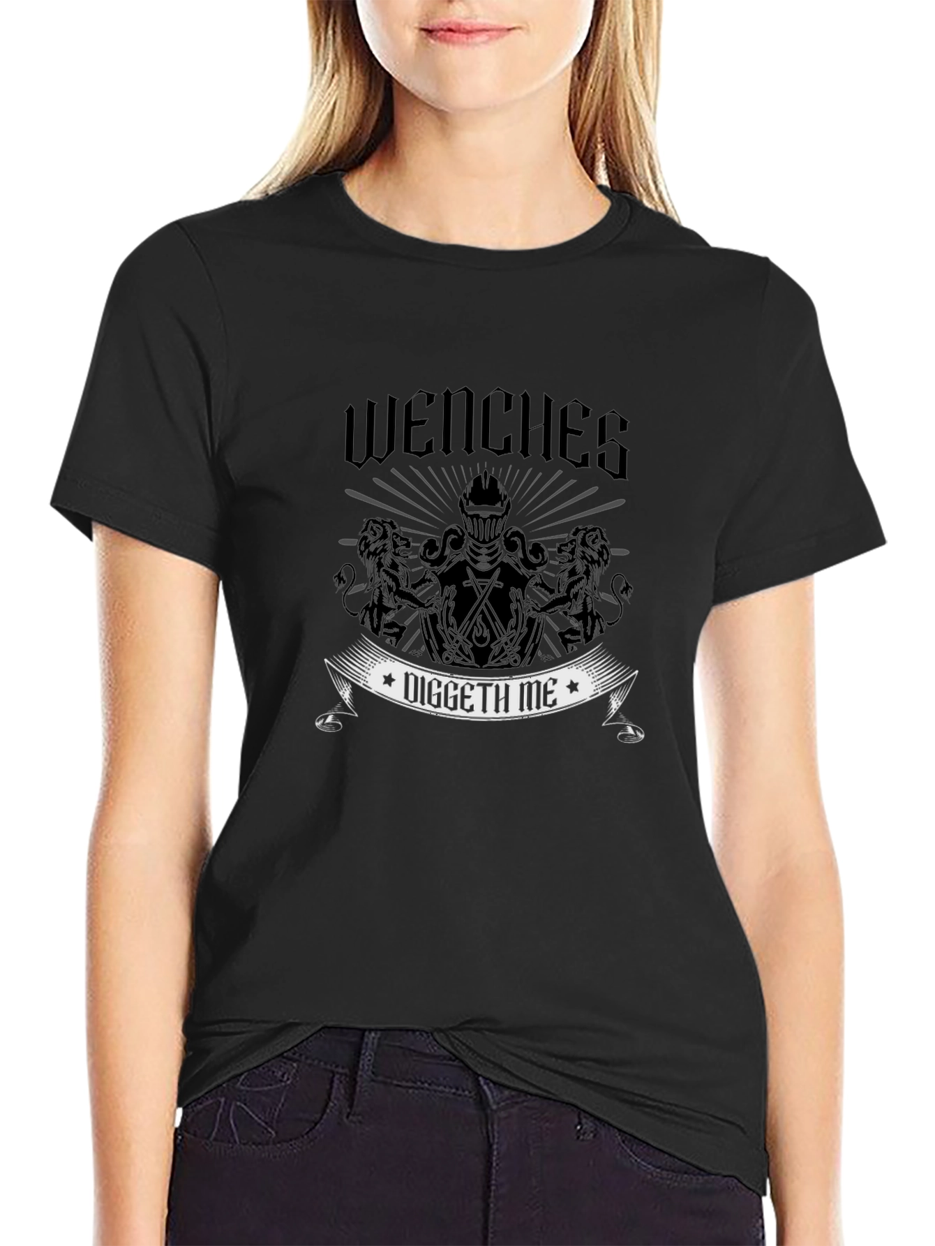 Wenches Diggeth Me Black T-Shirt - Medieval Knight Design