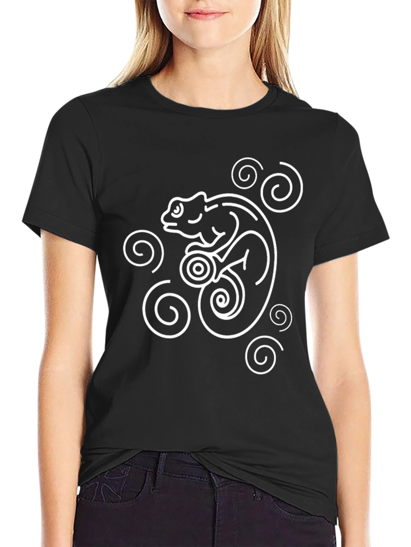 Stylized Chameleon Graphic Tee - Black