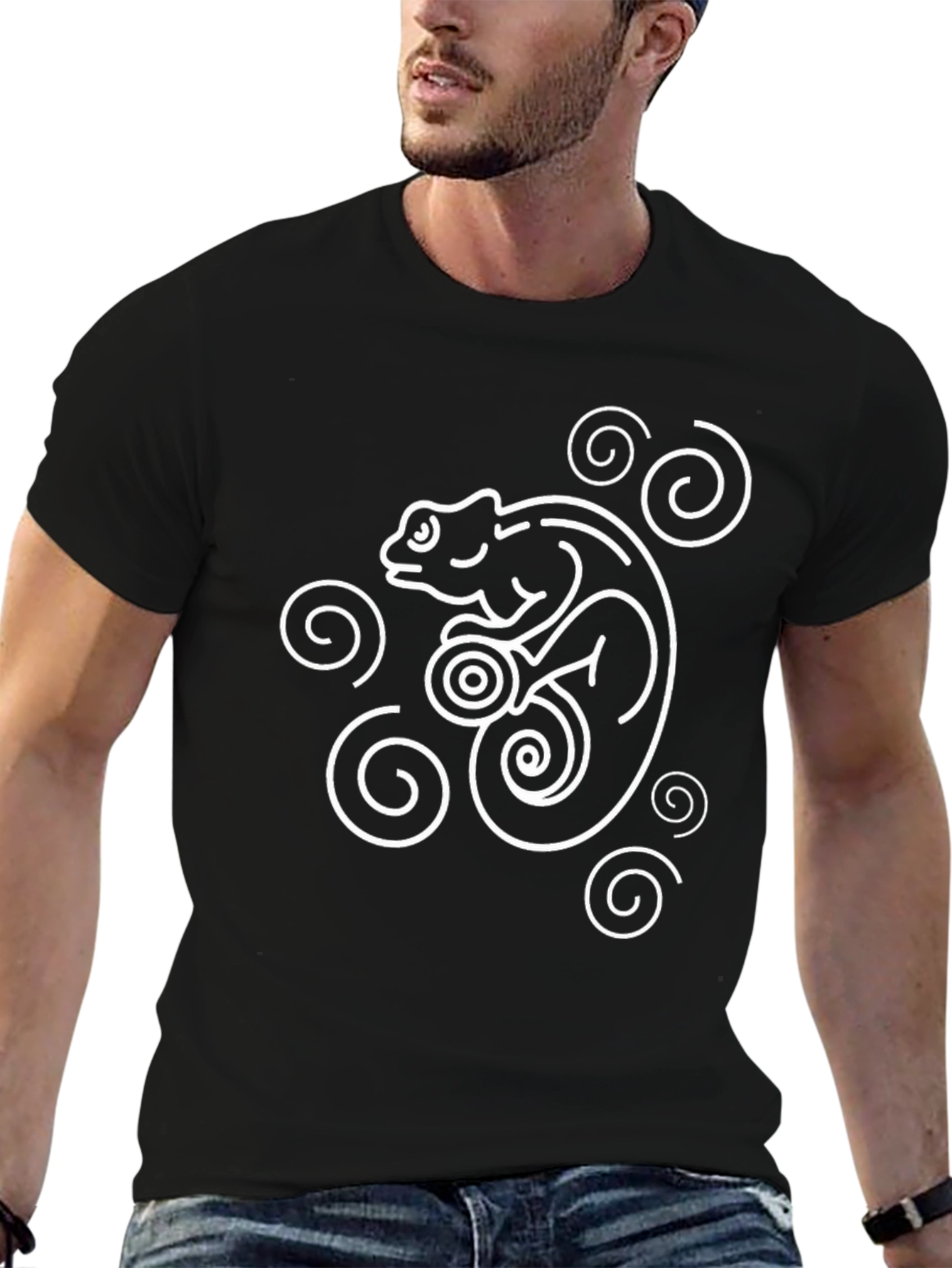 Stylized Chameleon Graphic Tee - Black