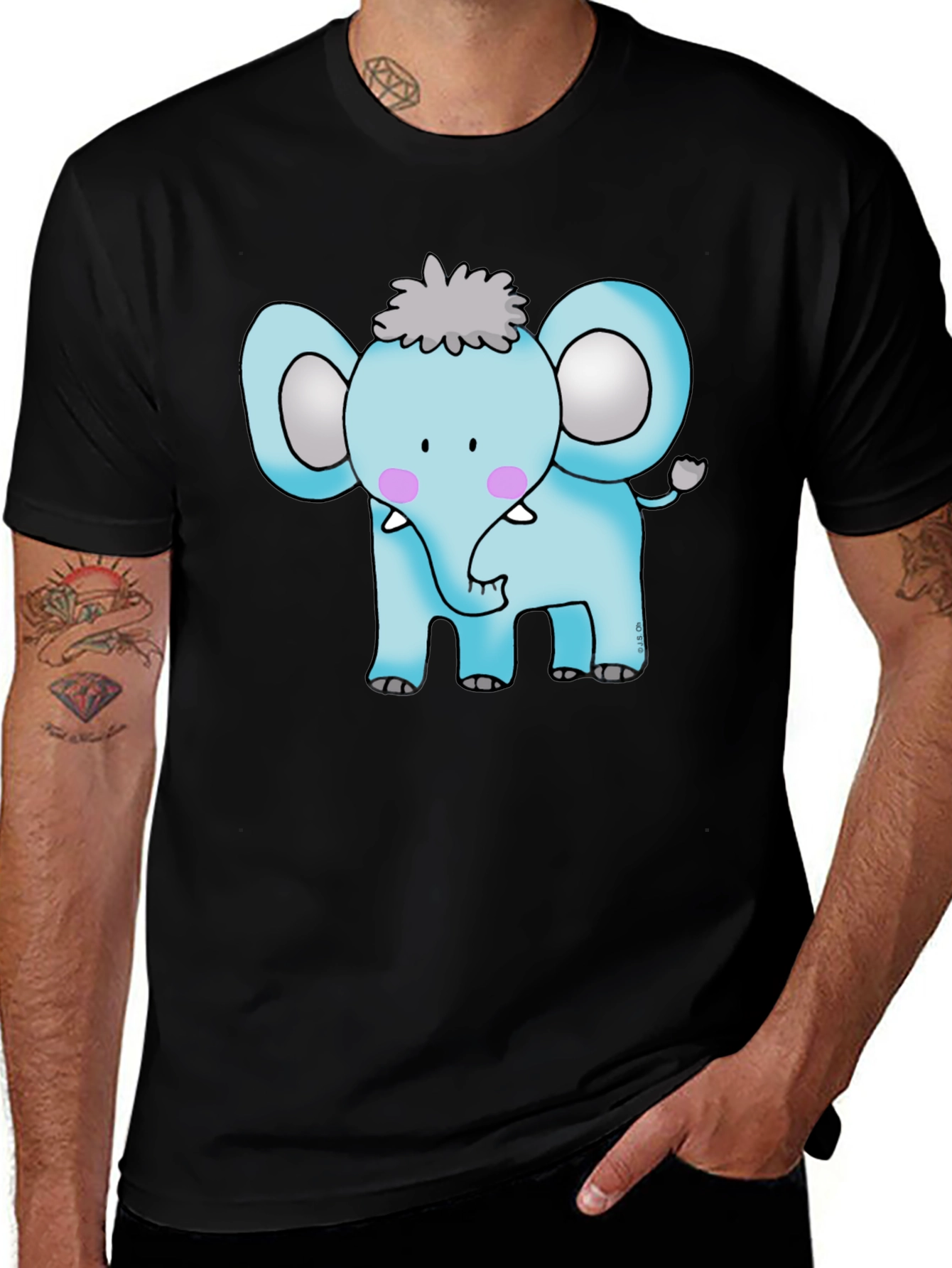 Cute Cartoon Elephant Graphic Tee - Black
