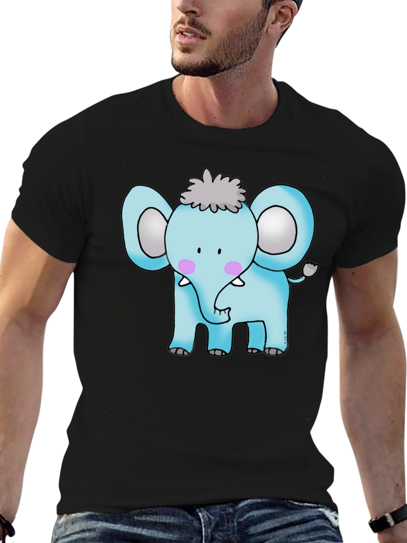 Cute Cartoon Elephant Graphic Tee - Black