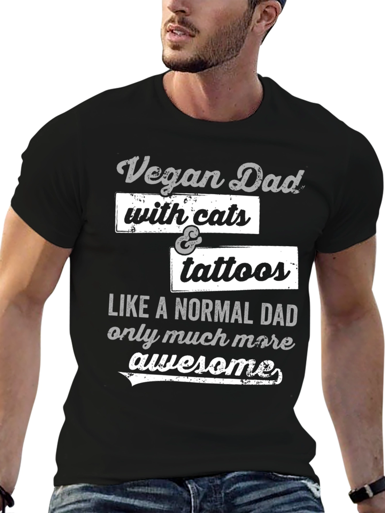 Vegan Dad with Cats & Tattoos Graphic T-Shirt