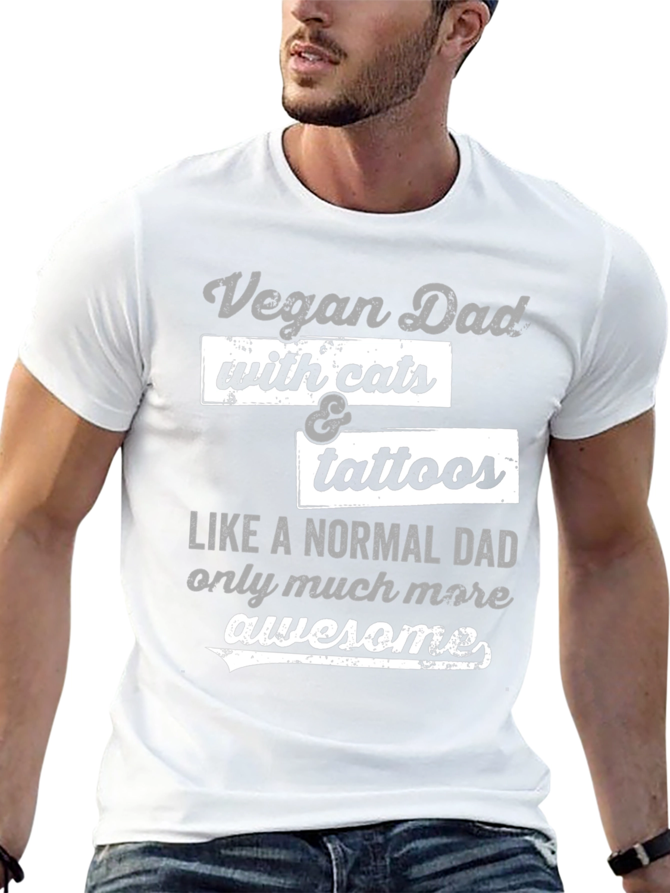 Vegan Dad with Cats & Tattoos Graphic T-Shirt