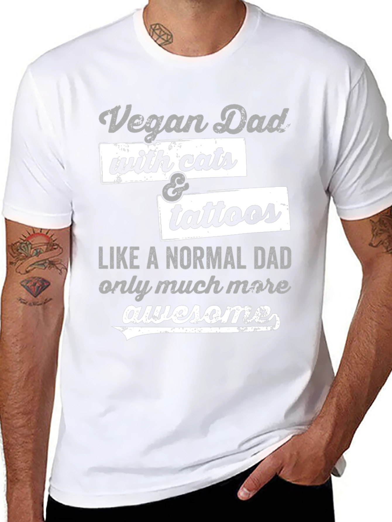 Vegan Dad with Cats & Tattoos Graphic T-Shirt