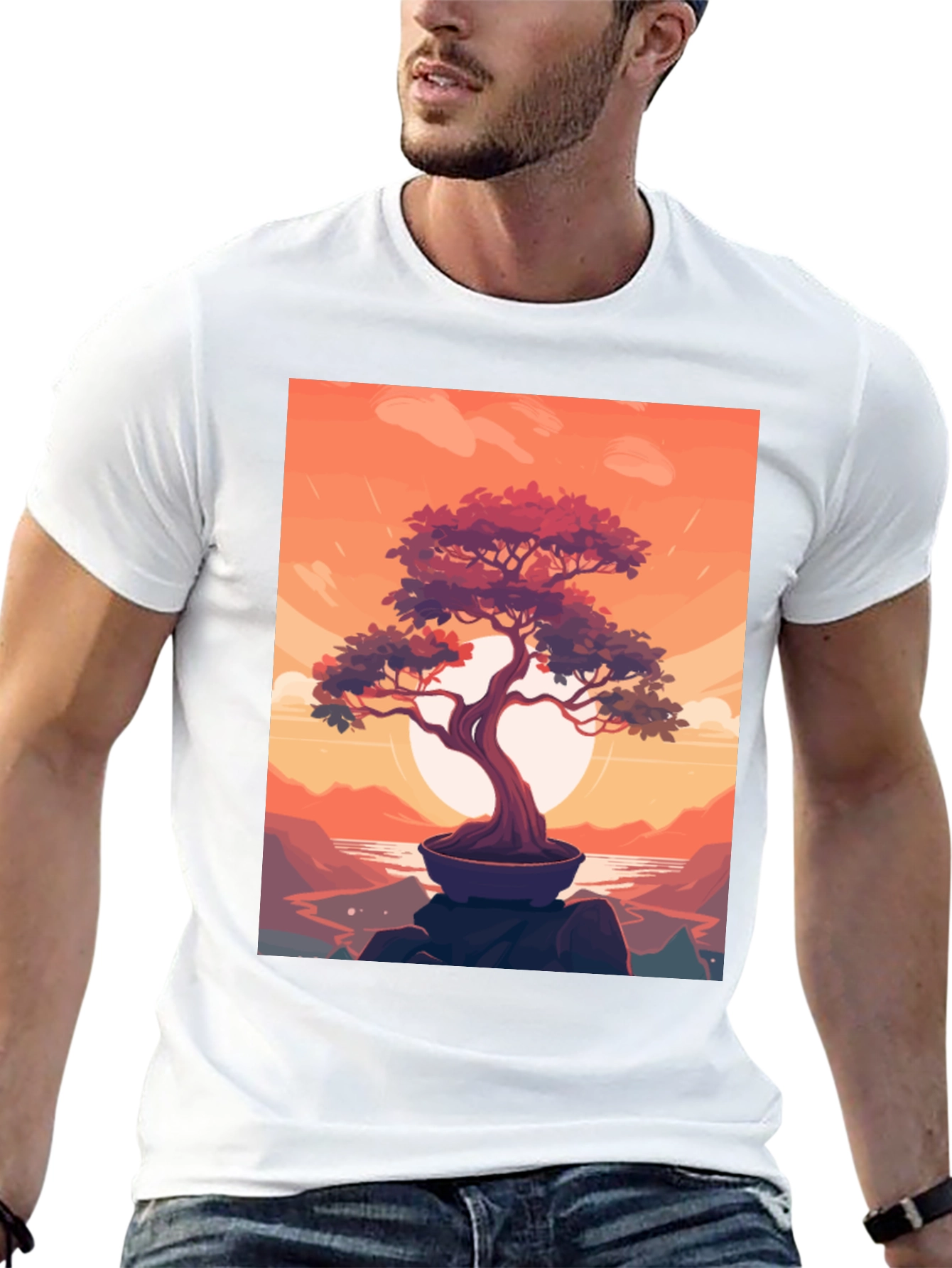 Bonsai Sunset Graphic Tee - Zen Style