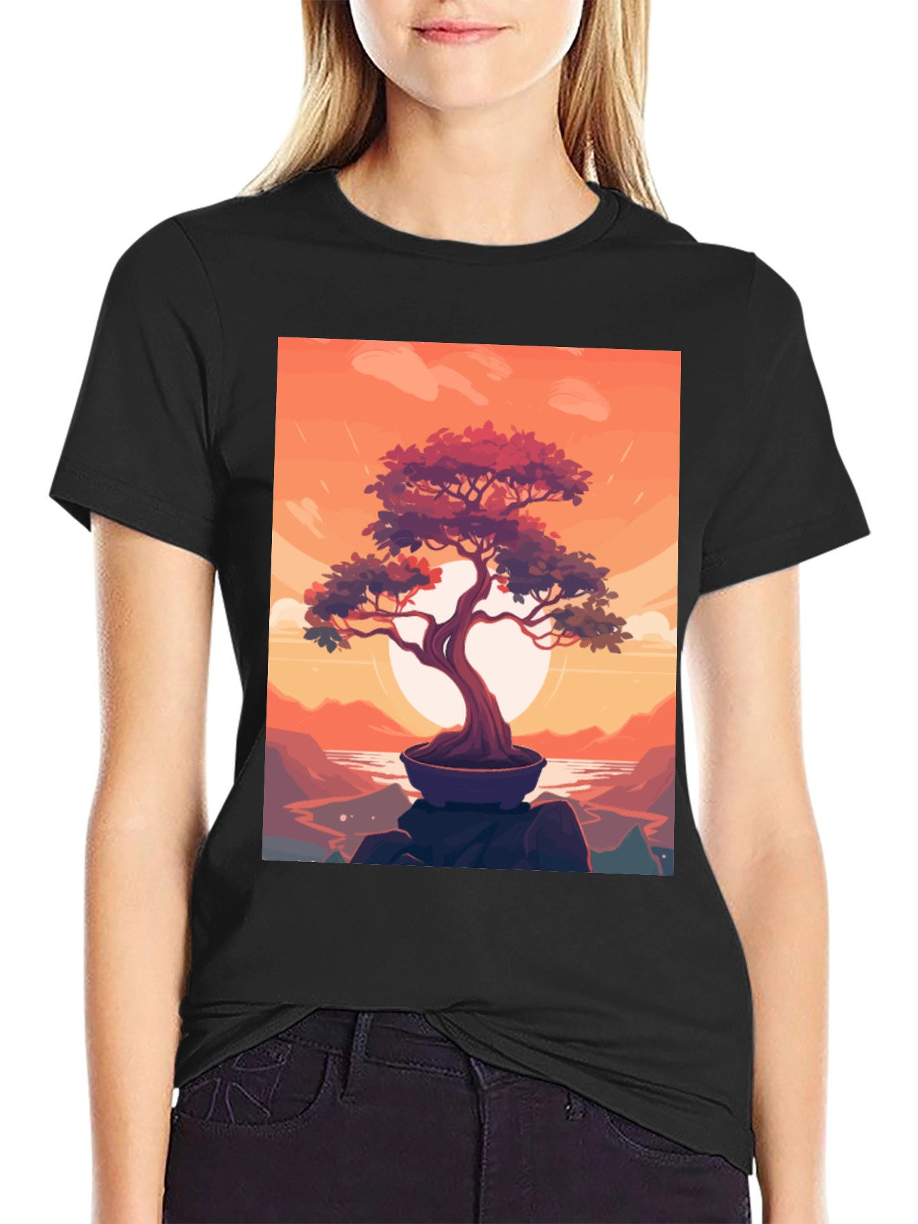 Bonsai Sunset Graphic Tee - Zen Style