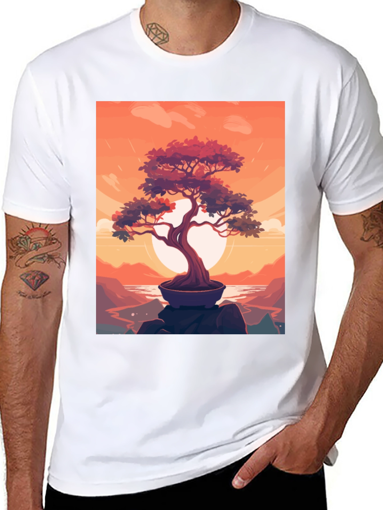 Bonsai Sunset Graphic Tee - Zen Style