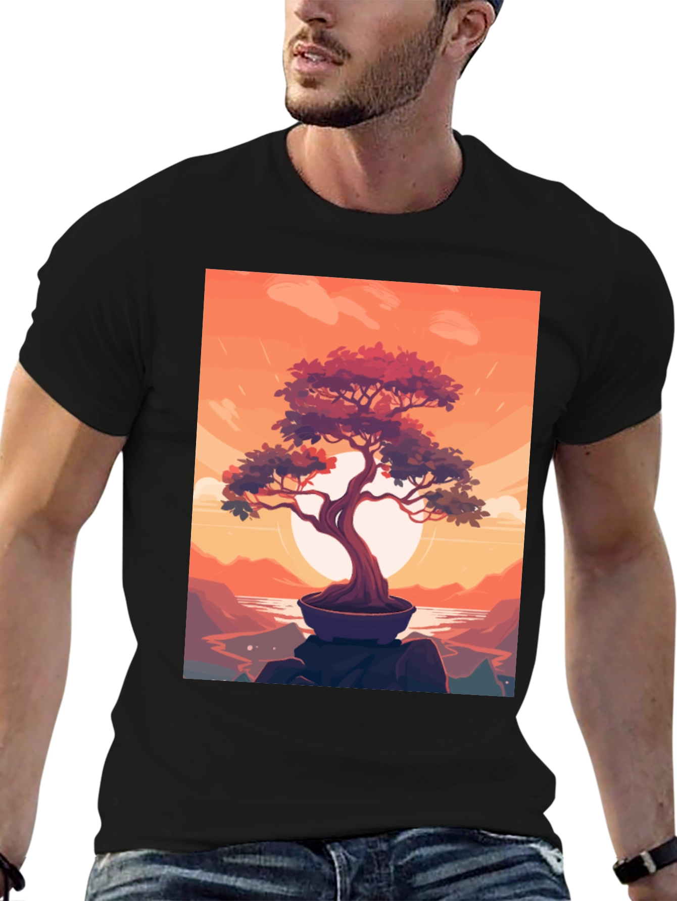 Bonsai Sunset Graphic Tee - Zen Style