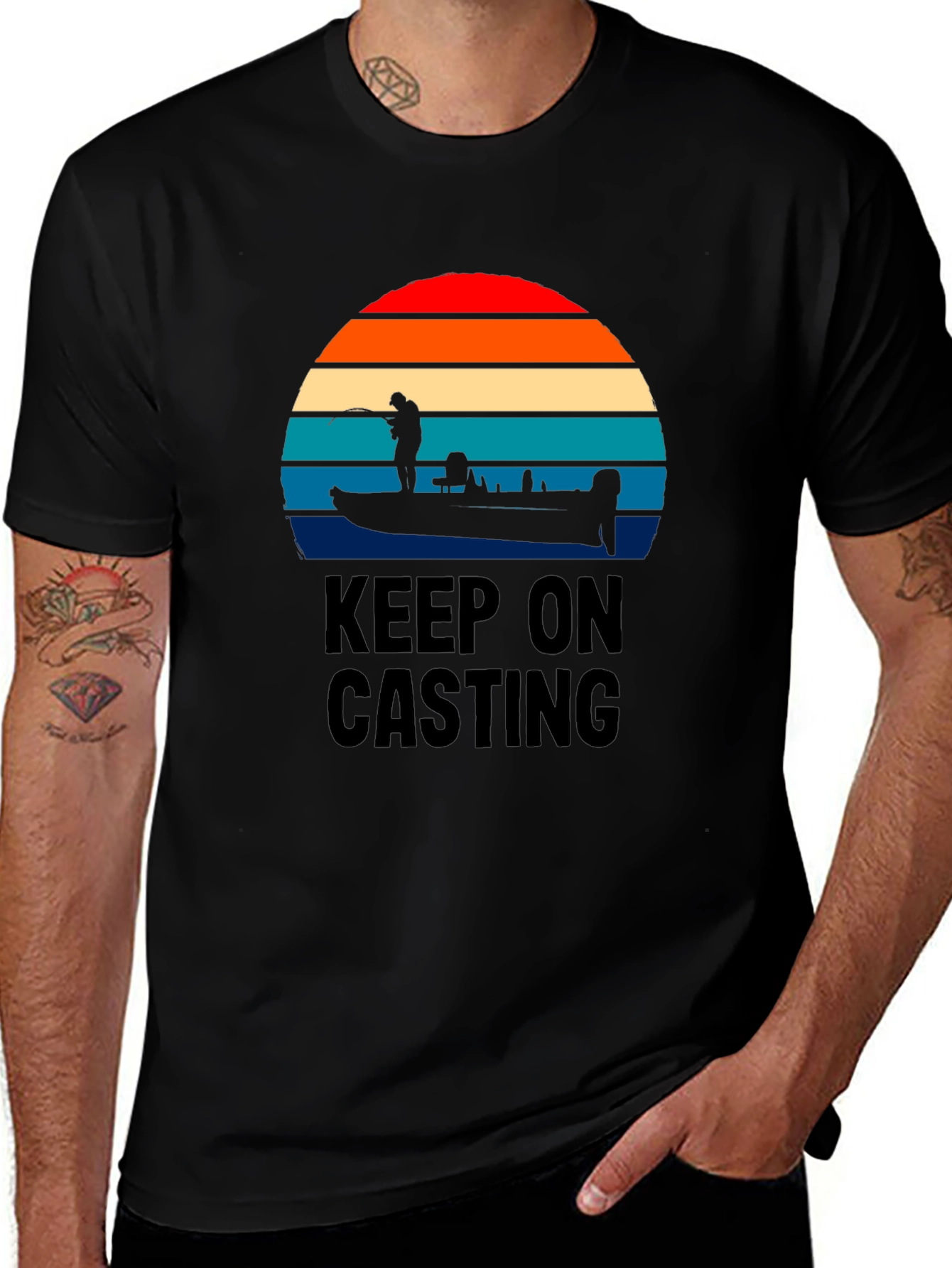 Keep On Casting Fishing T-Shirt - Retro Sunset Design