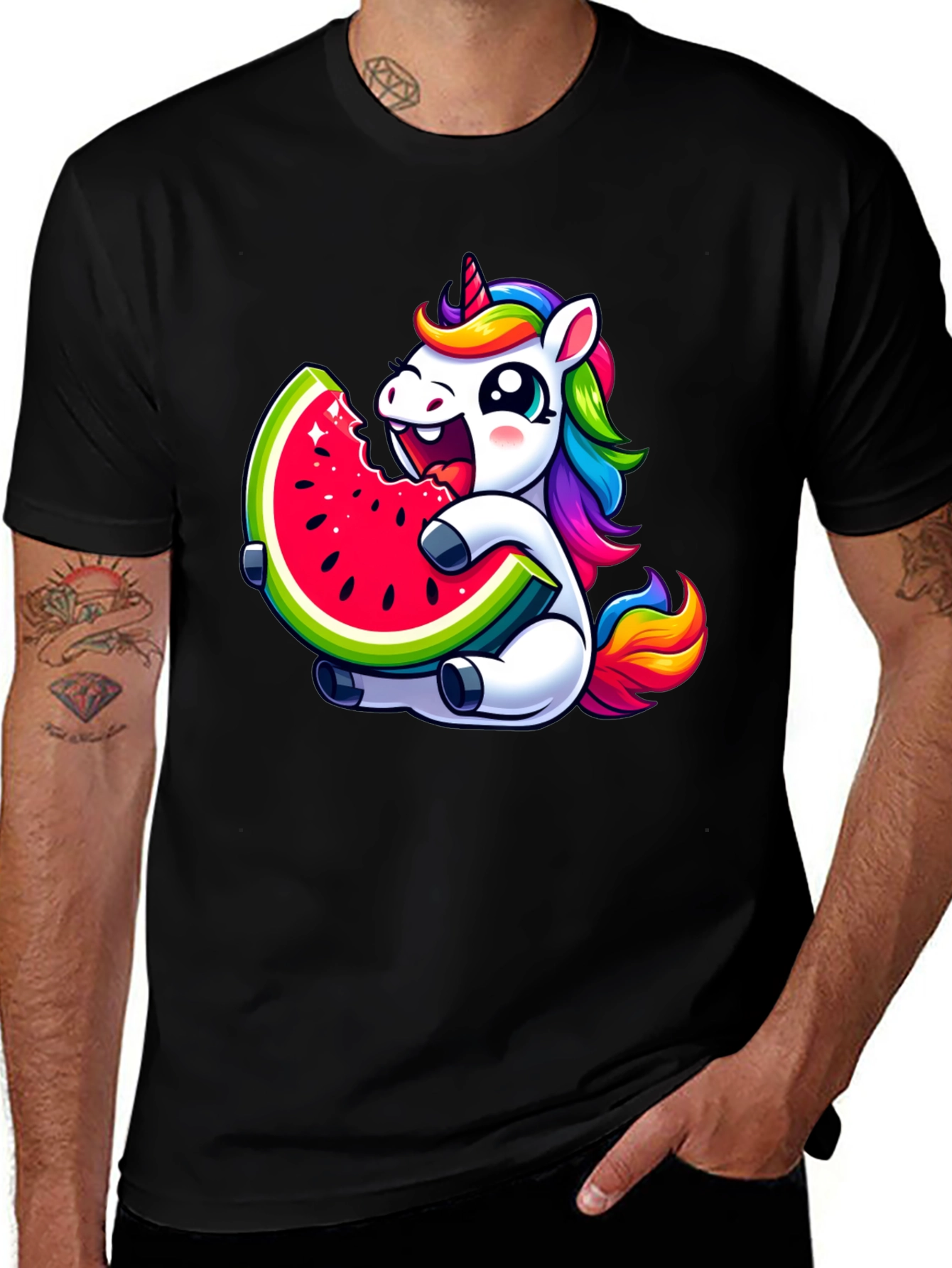 Unicorn Eating Watermelon Black T-Shirt