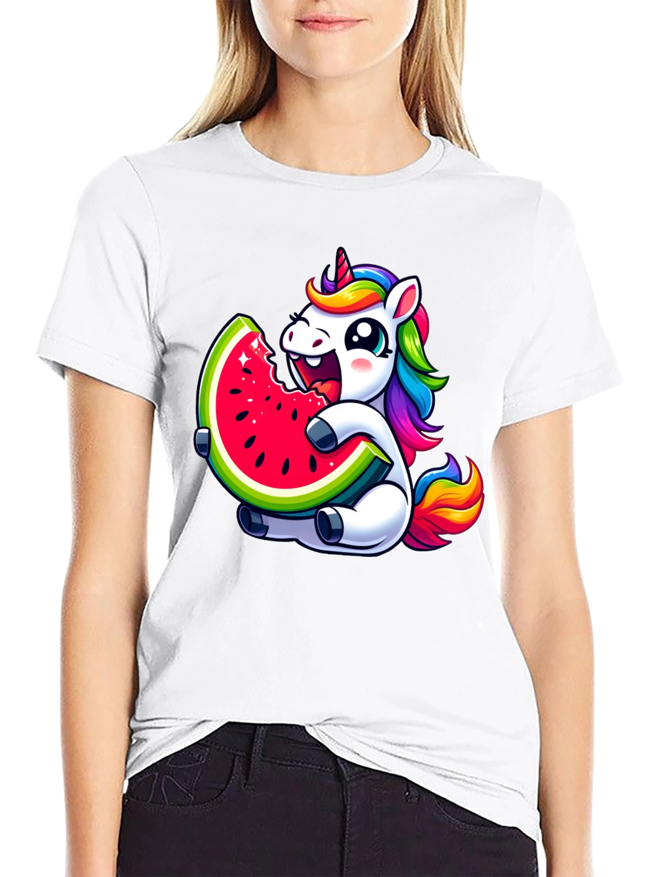 Unicorn Eating Watermelon Black T-Shirt
