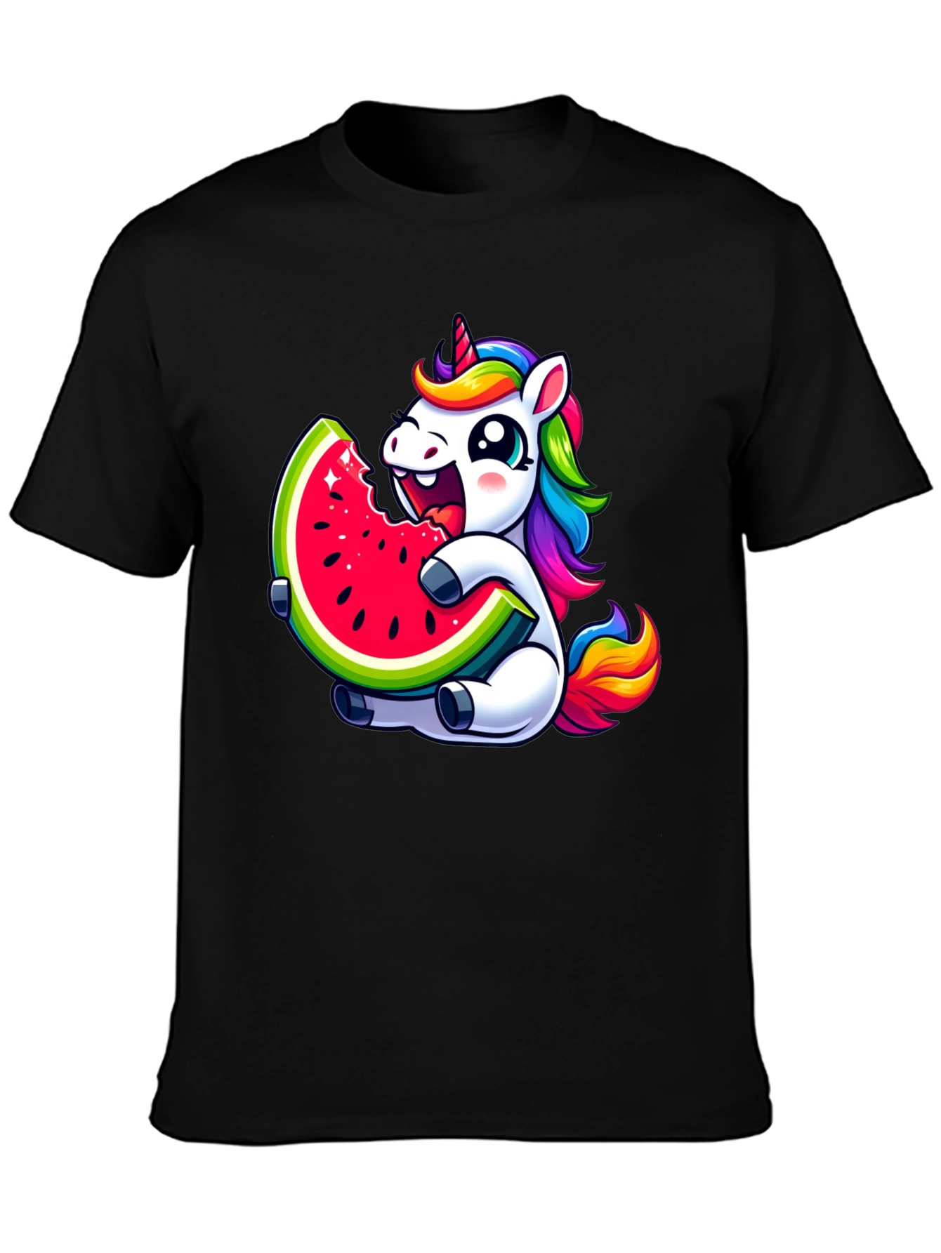 Unicorn Eating Watermelon Black T-Shirt