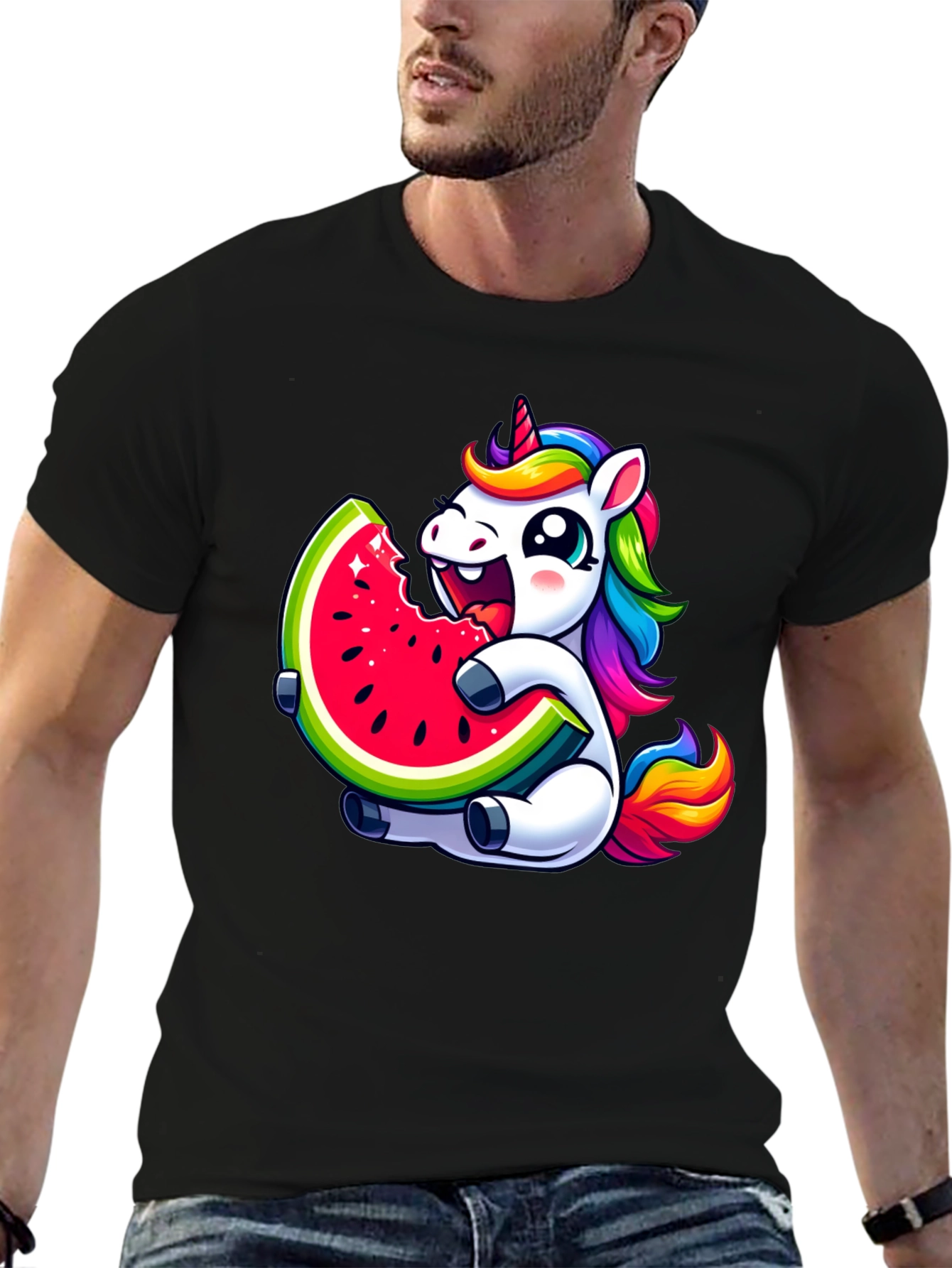 Unicorn Eating Watermelon Black T-Shirt