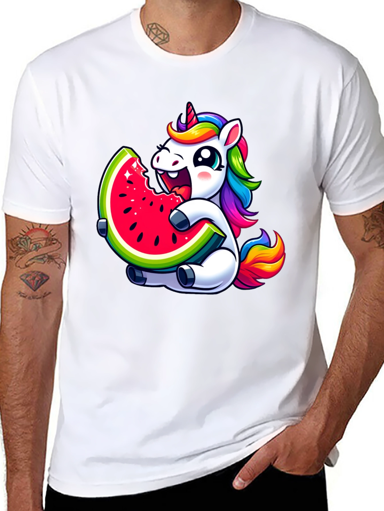 Unicorn Eating Watermelon Black T-Shirt