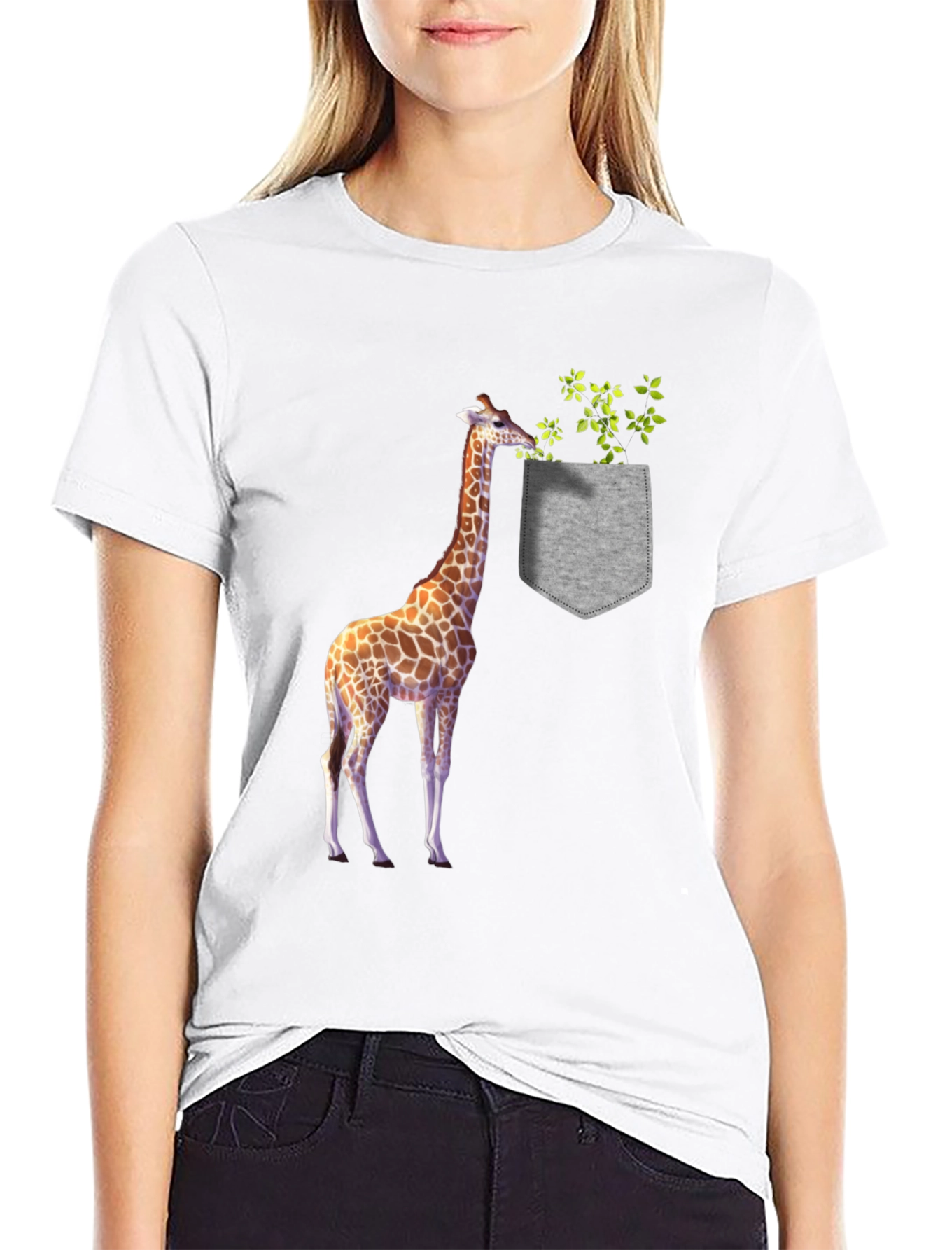 Giraffe in Pocket Graphic Tee - Black Cotton T-Shirt