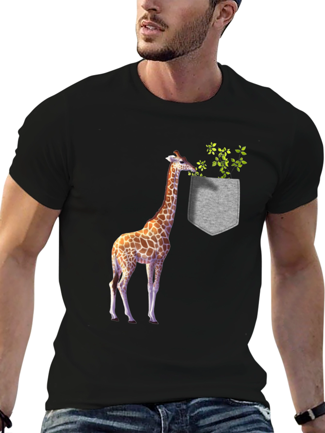 Giraffe in Pocket Graphic Tee - Black Cotton T-Shirt