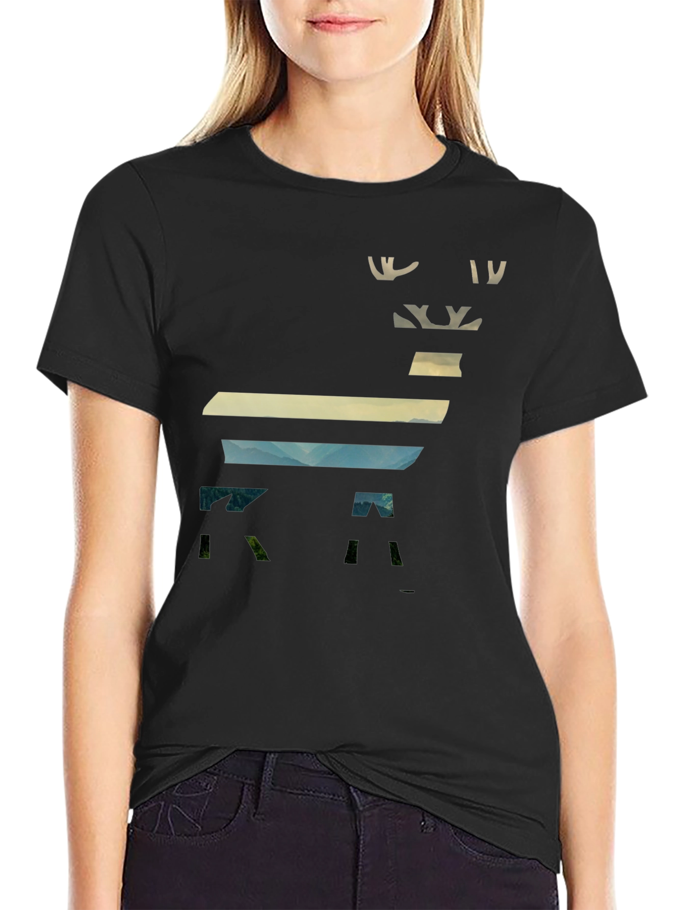 Abstract Deer Graphic Mens Black T-Shirt