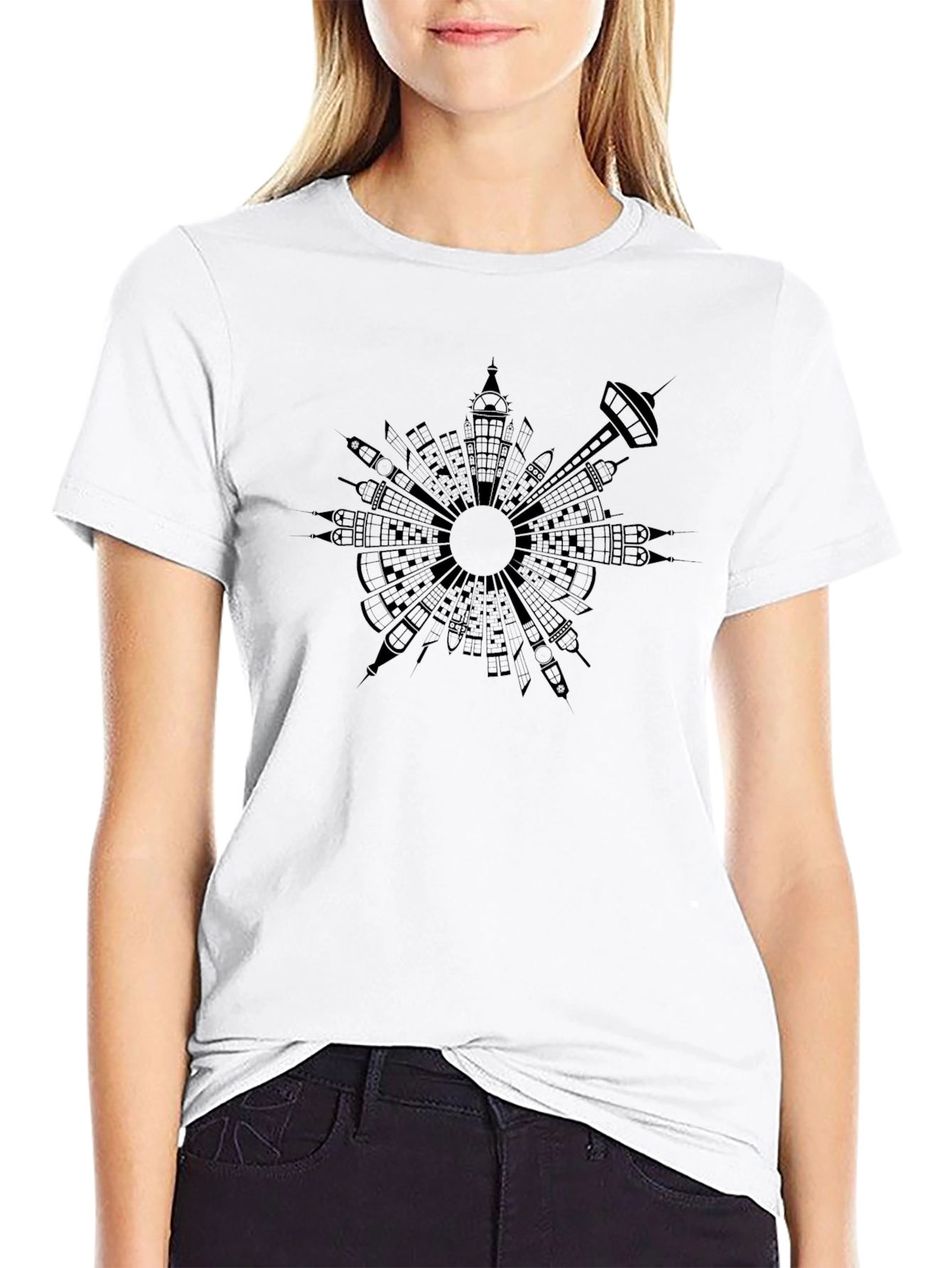 Black T-Shirt with Cityscape Circle Design