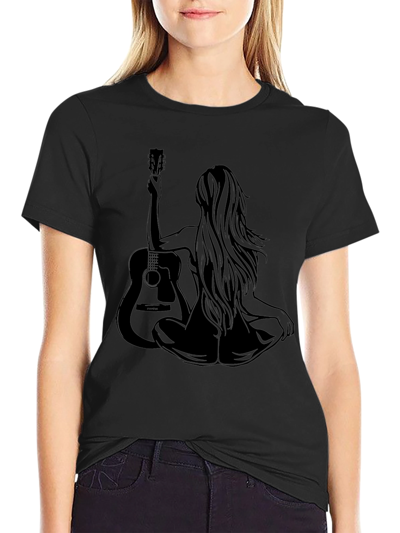 Woman & Guitar Graphic Print Black T-Shirt