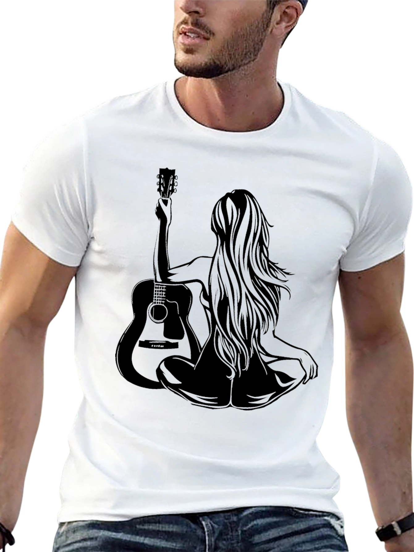 Woman & Guitar Graphic Print Black T-Shirt