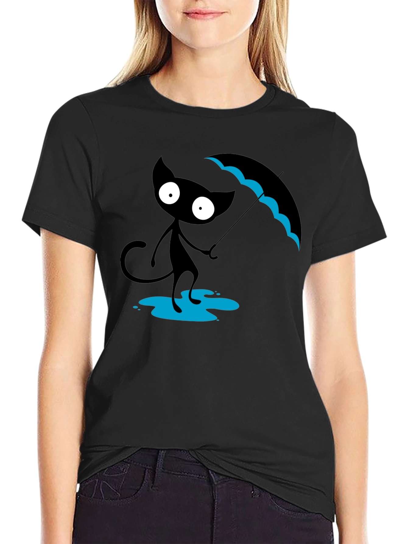 Black Cat with Umbrella T-Shirt