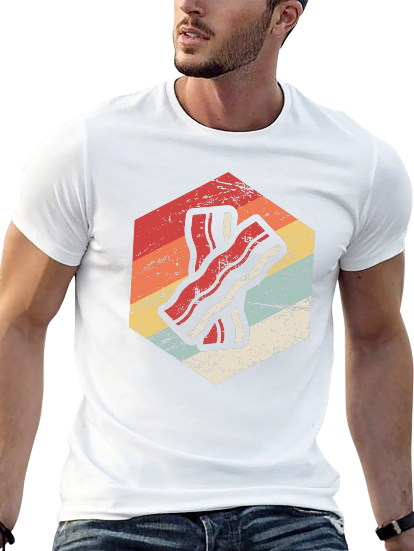 Retro Bacon Strip Graphic Tee - Black Cotton Shirt
