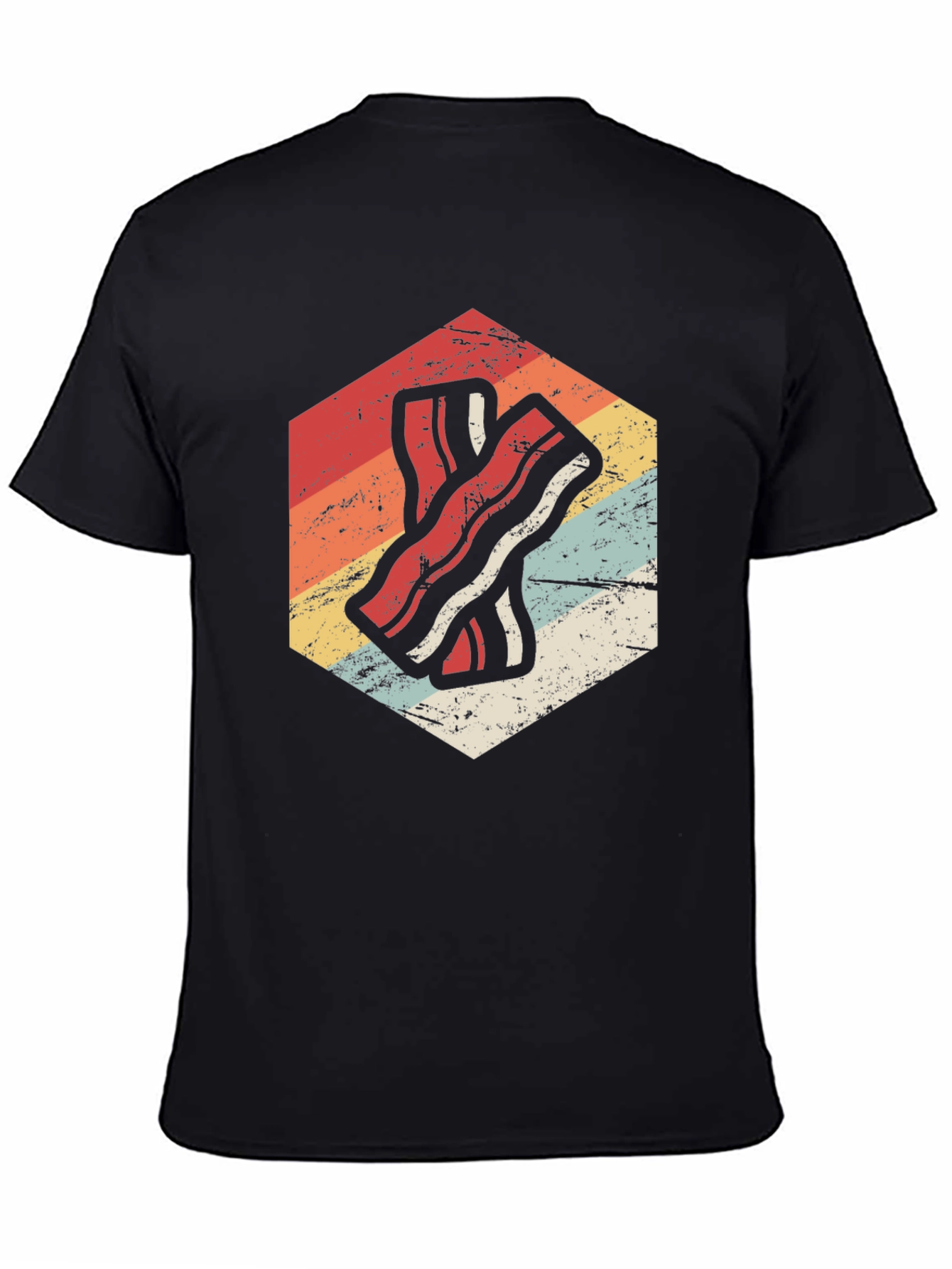 Retro Bacon Strip Graphic Tee - Black Cotton Shirt