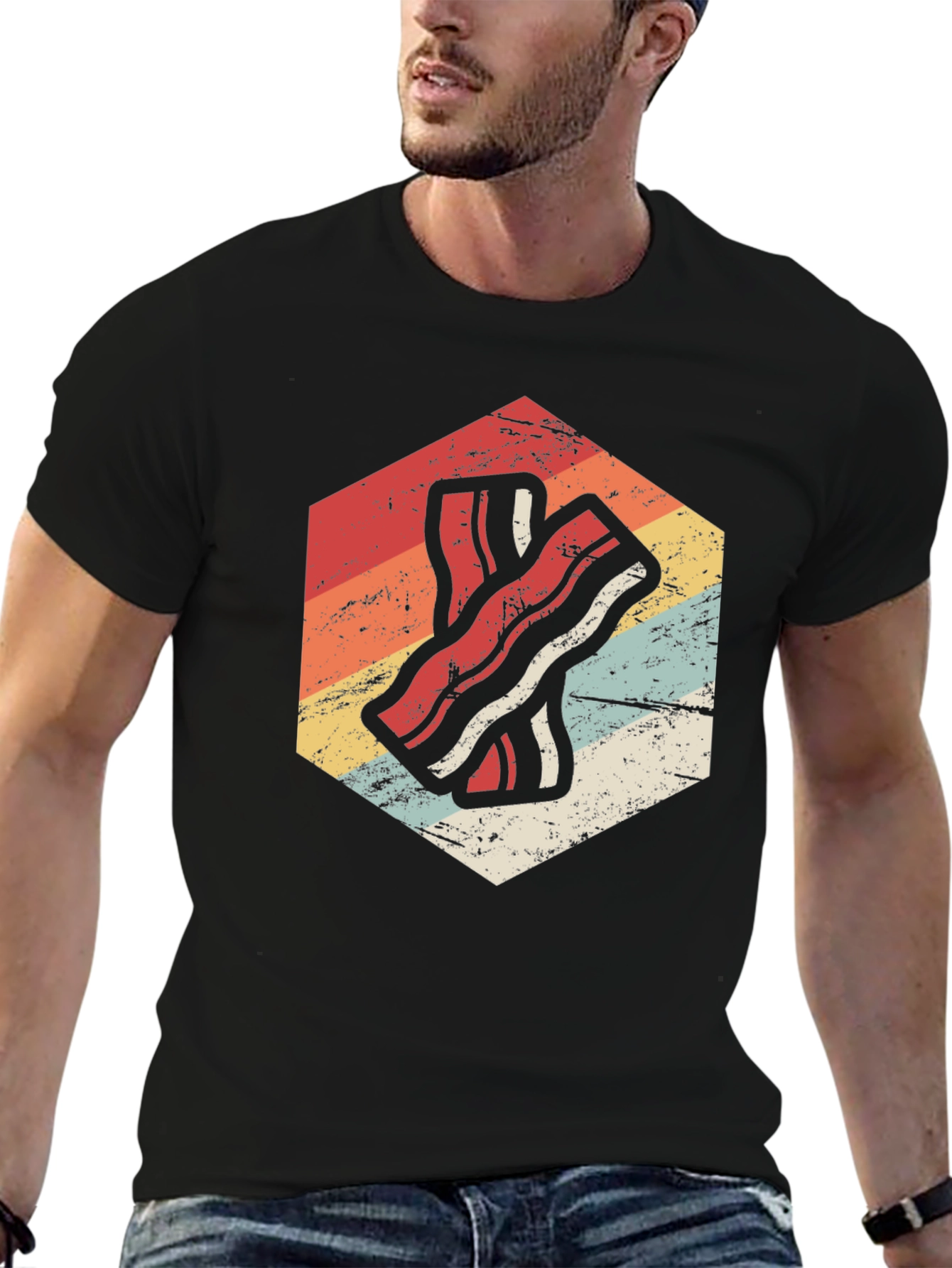 Retro Bacon Strip Graphic Tee - Black Cotton Shirt