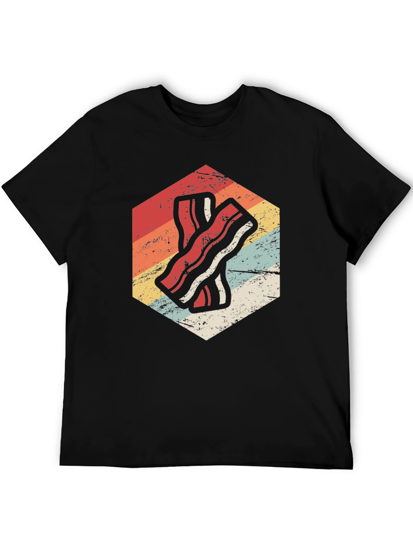 Retro Bacon Strip Graphic Tee - Black Cotton Shirt