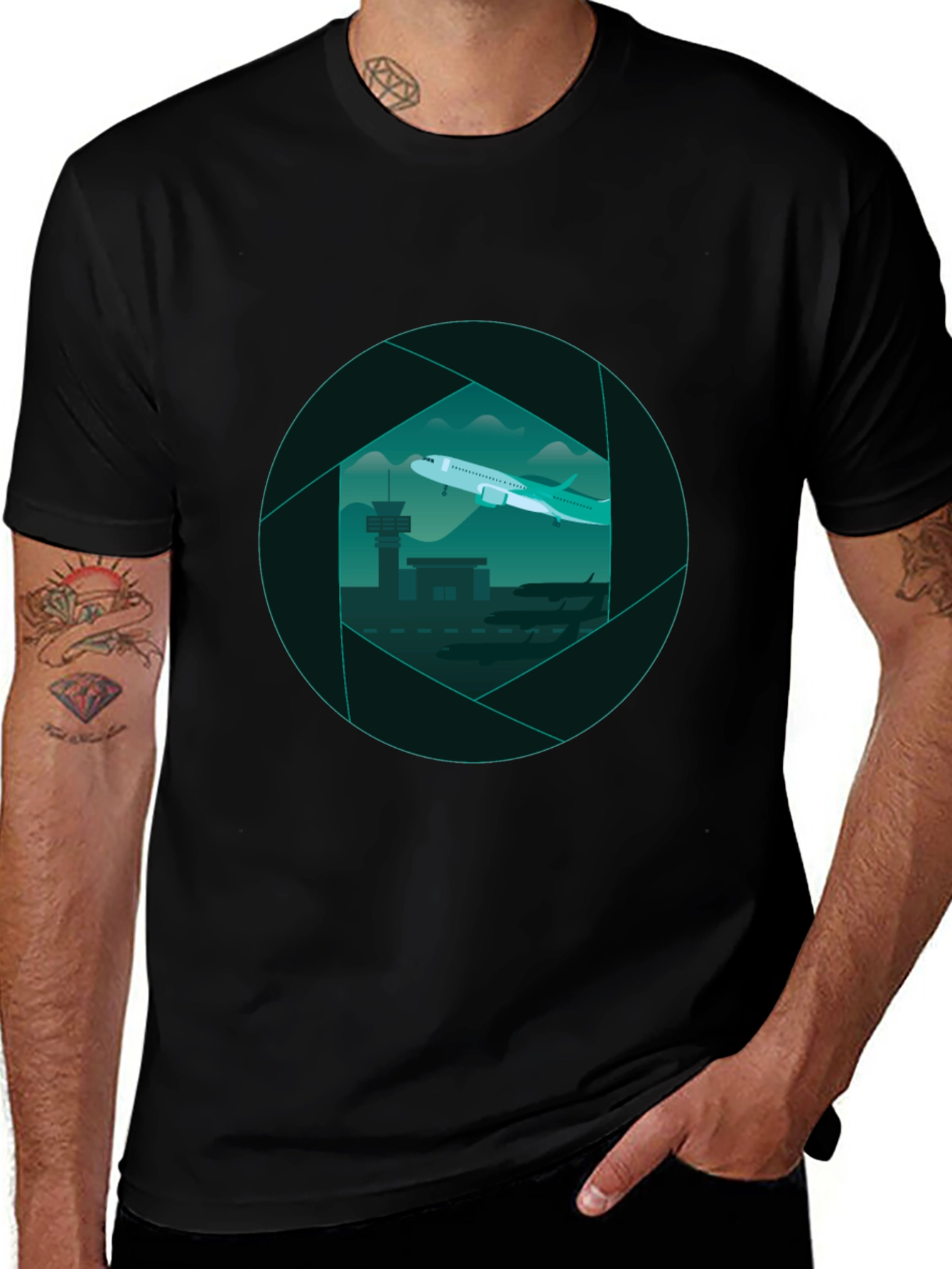 Airport View Graphic Tee - Black Cotton T-Shirt