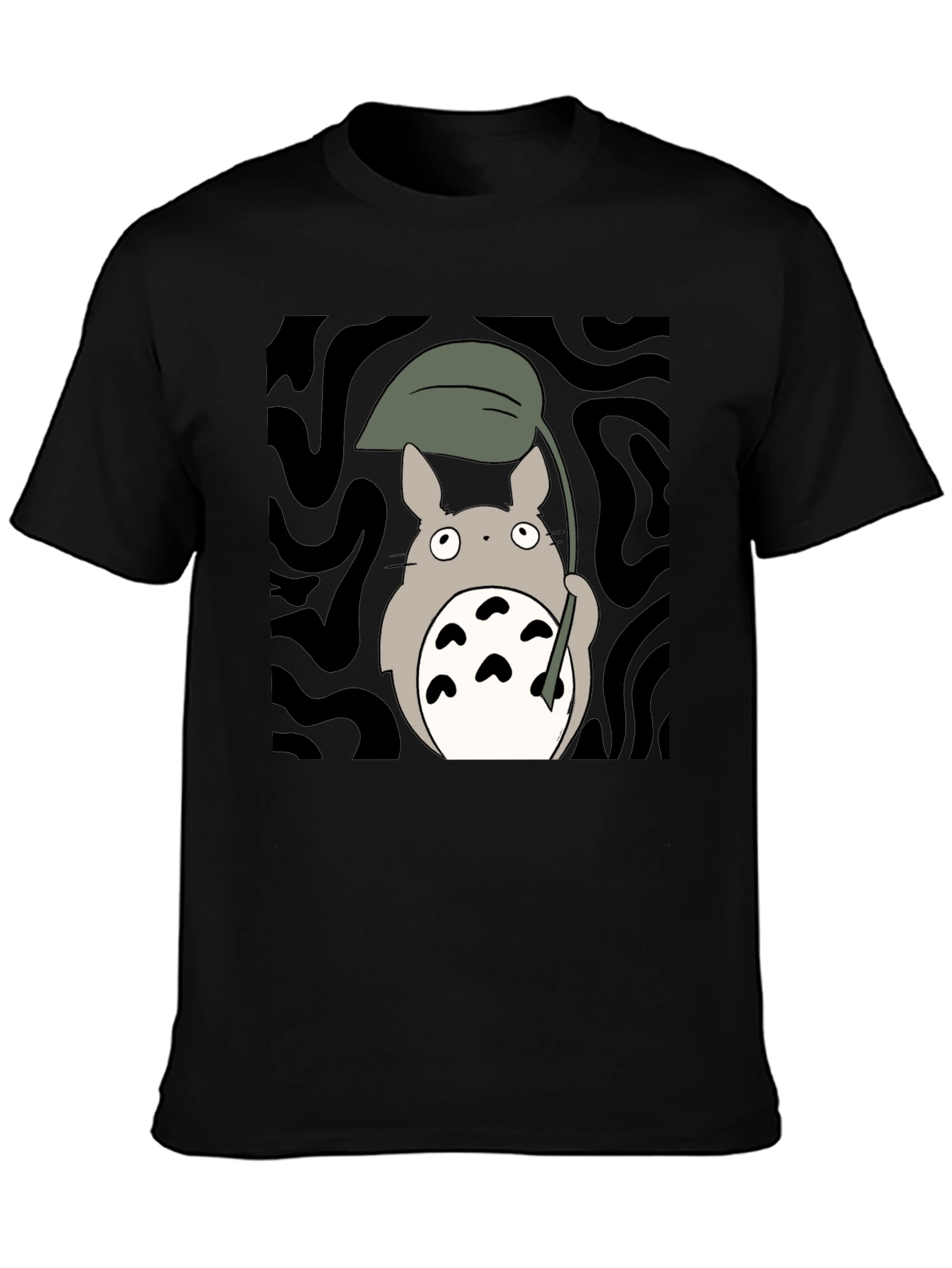 Totoro Leaf Umbrella Black T-Shirt