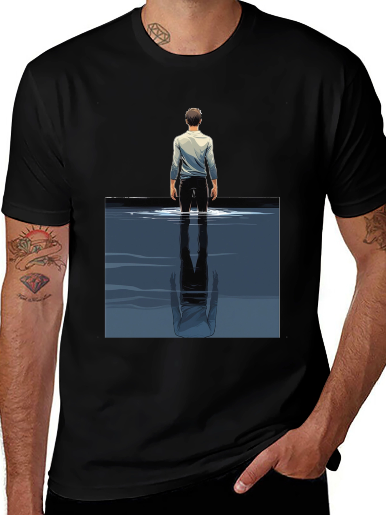 Reflective Water Graphic Tee - Stylish Mens Black T-Shirt