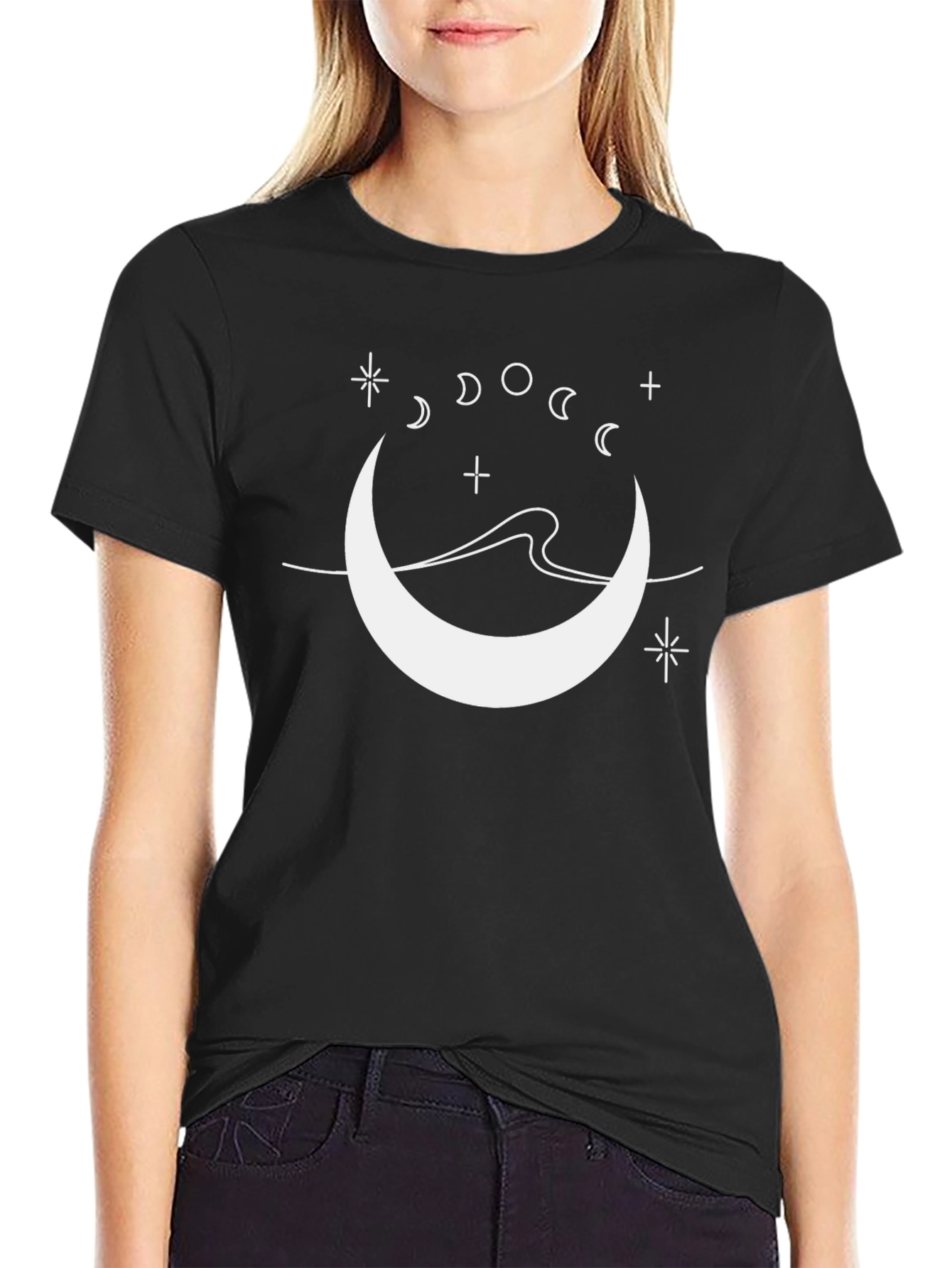 Celestial Crescent Moon Black T-Shirt