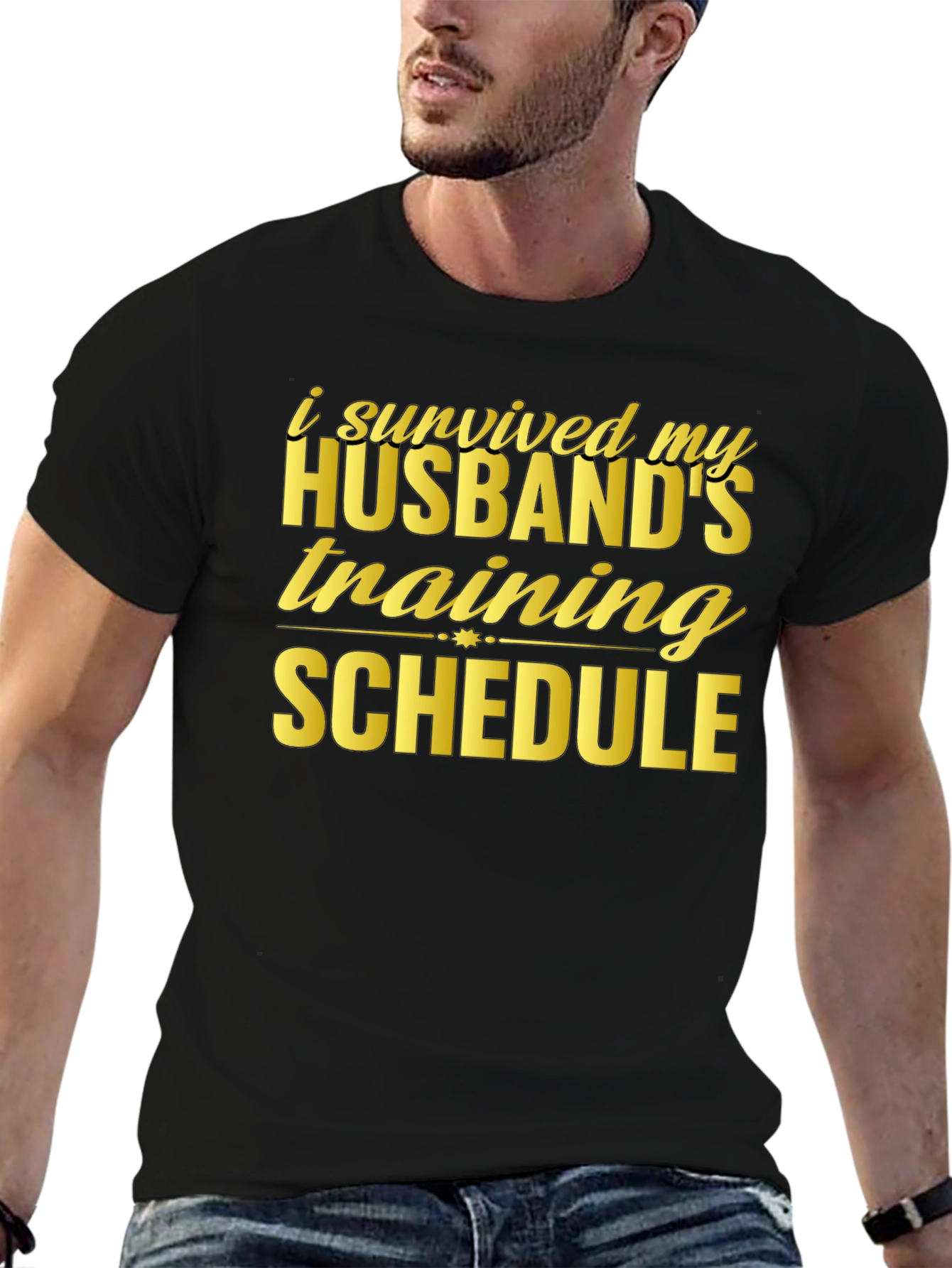 Humorous I Survived Husband Training Black T-Shirt