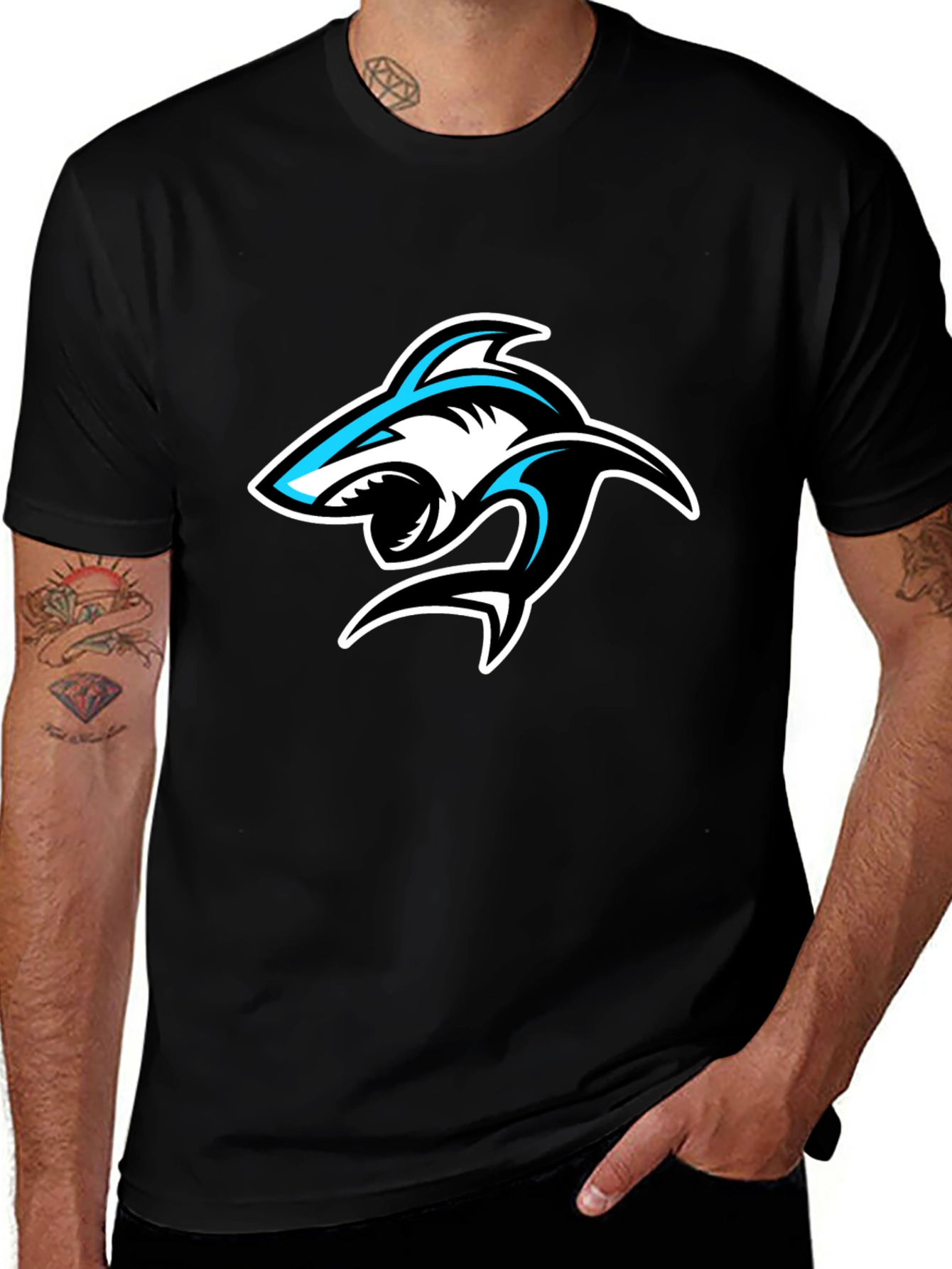 Shark Graphic Print Crew Neck T-Shirt - Black