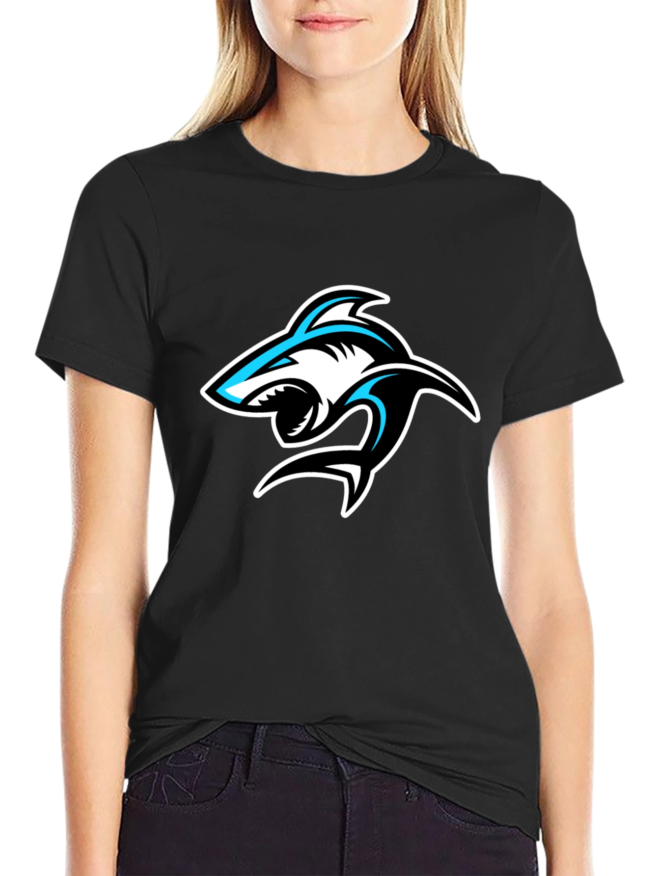 Shark Graphic Print Crew Neck T-Shirt - Black