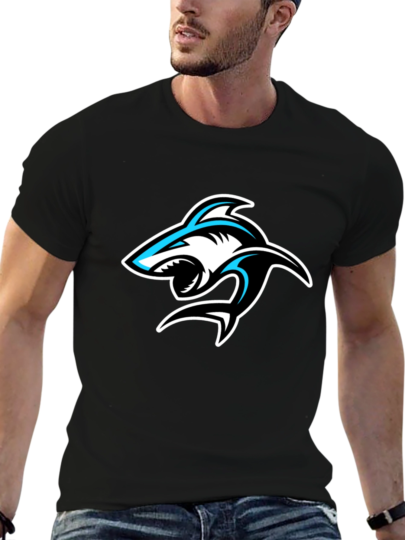 Shark Graphic Print Crew Neck T-Shirt - Black