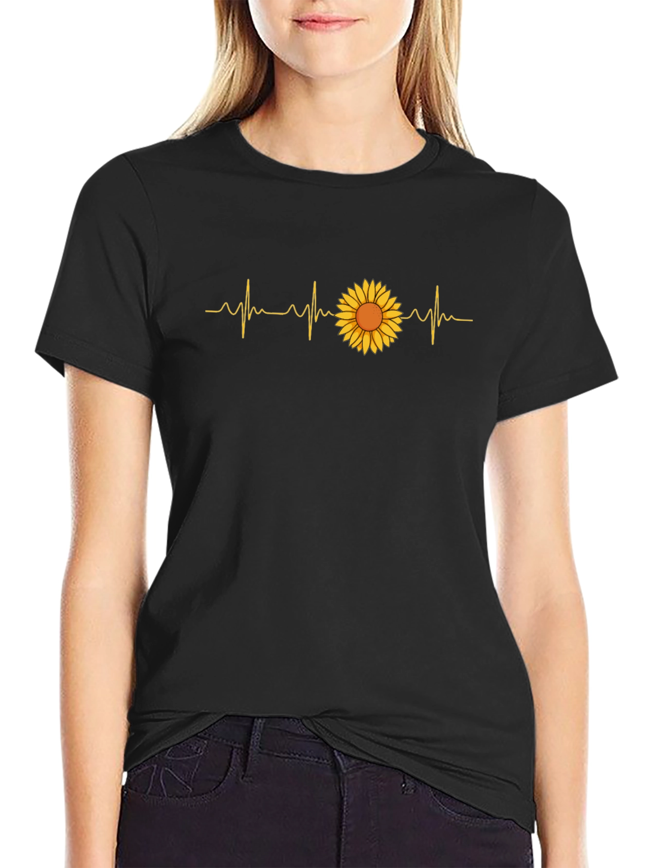 Sunflower Heartbeat Graphic Black T-Shirt