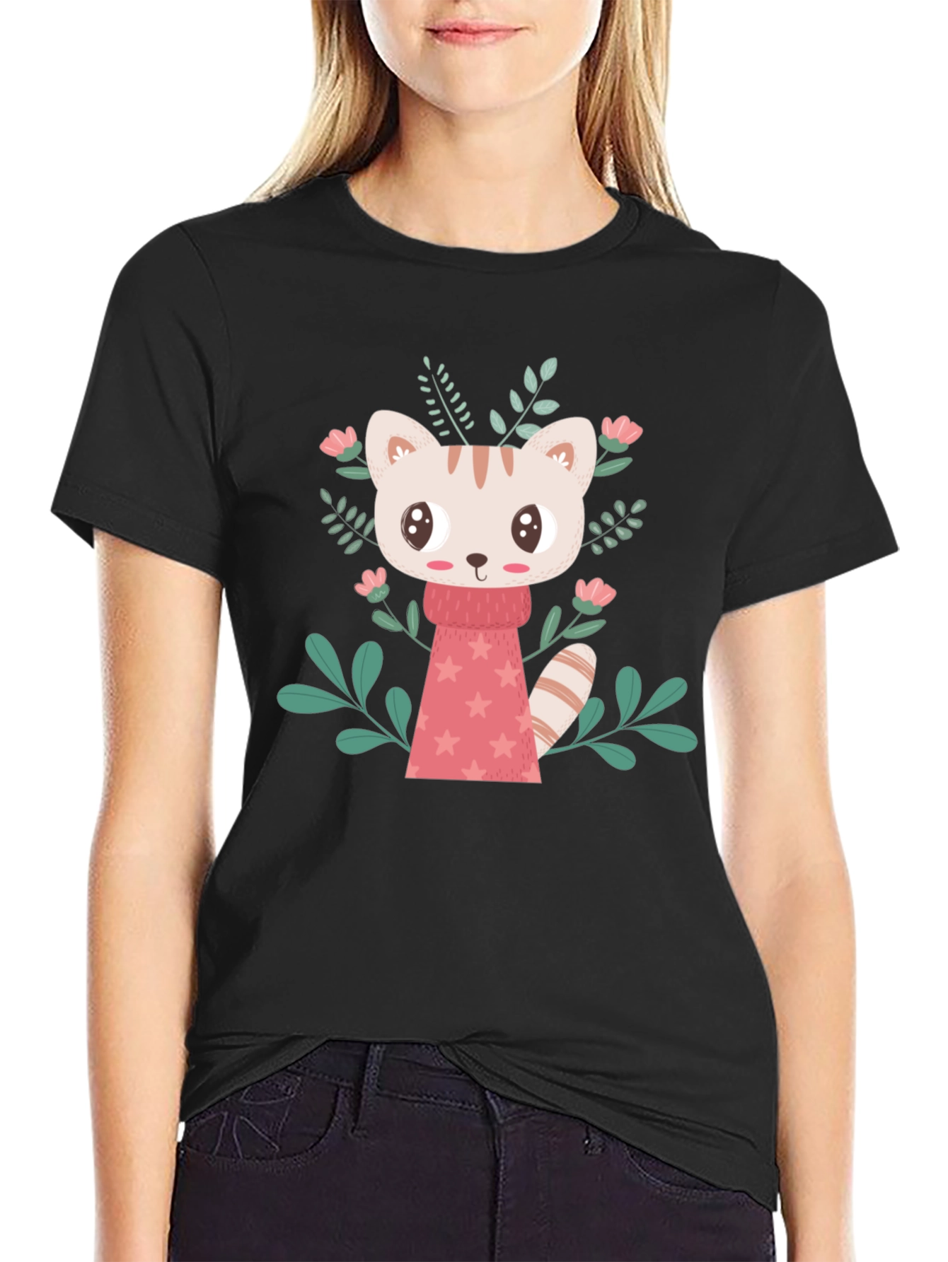 Cute Cartoon Cat T-Shirt - Black