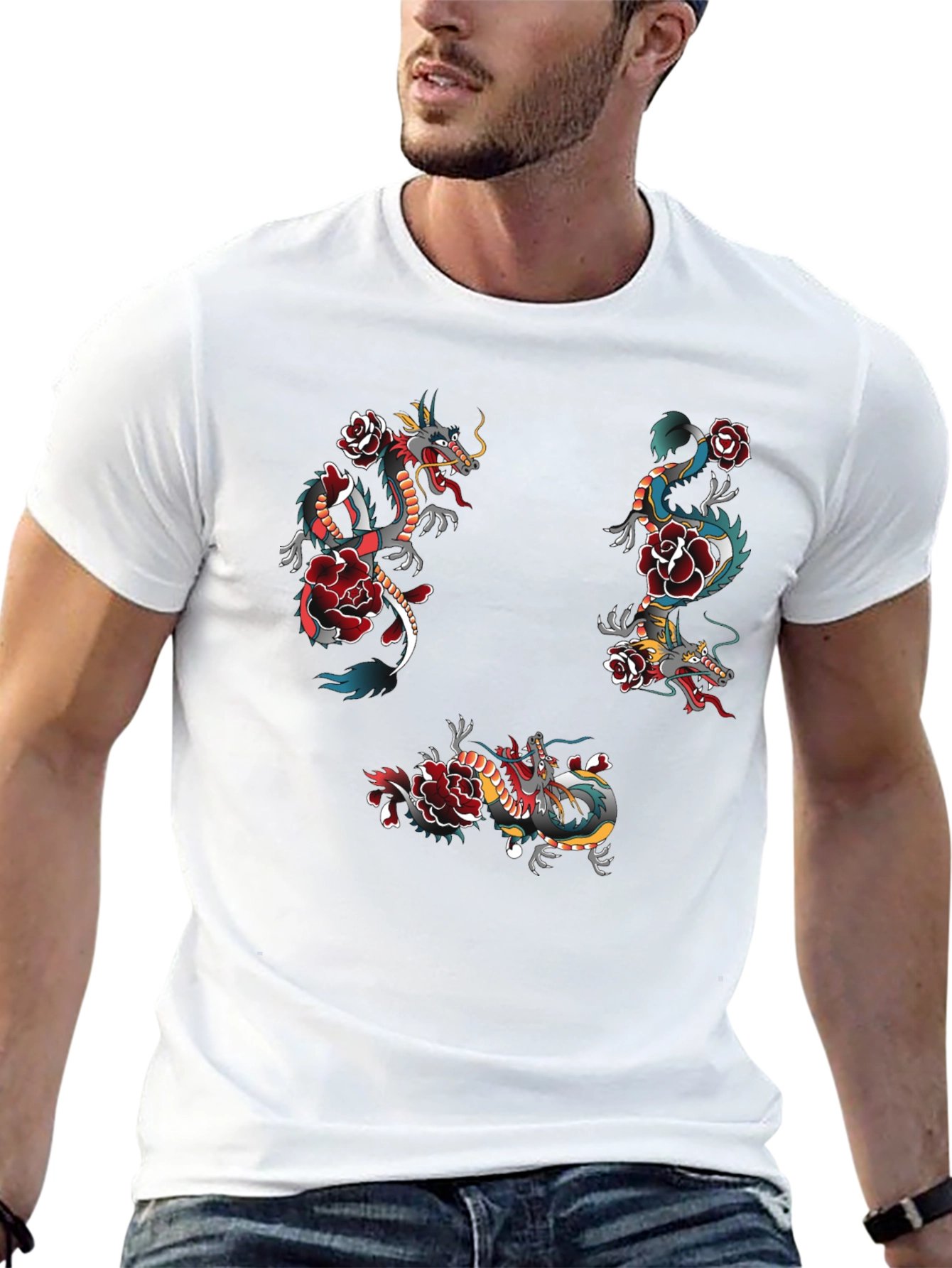 Dragon & Rose Graphic Print Black T-Shirt