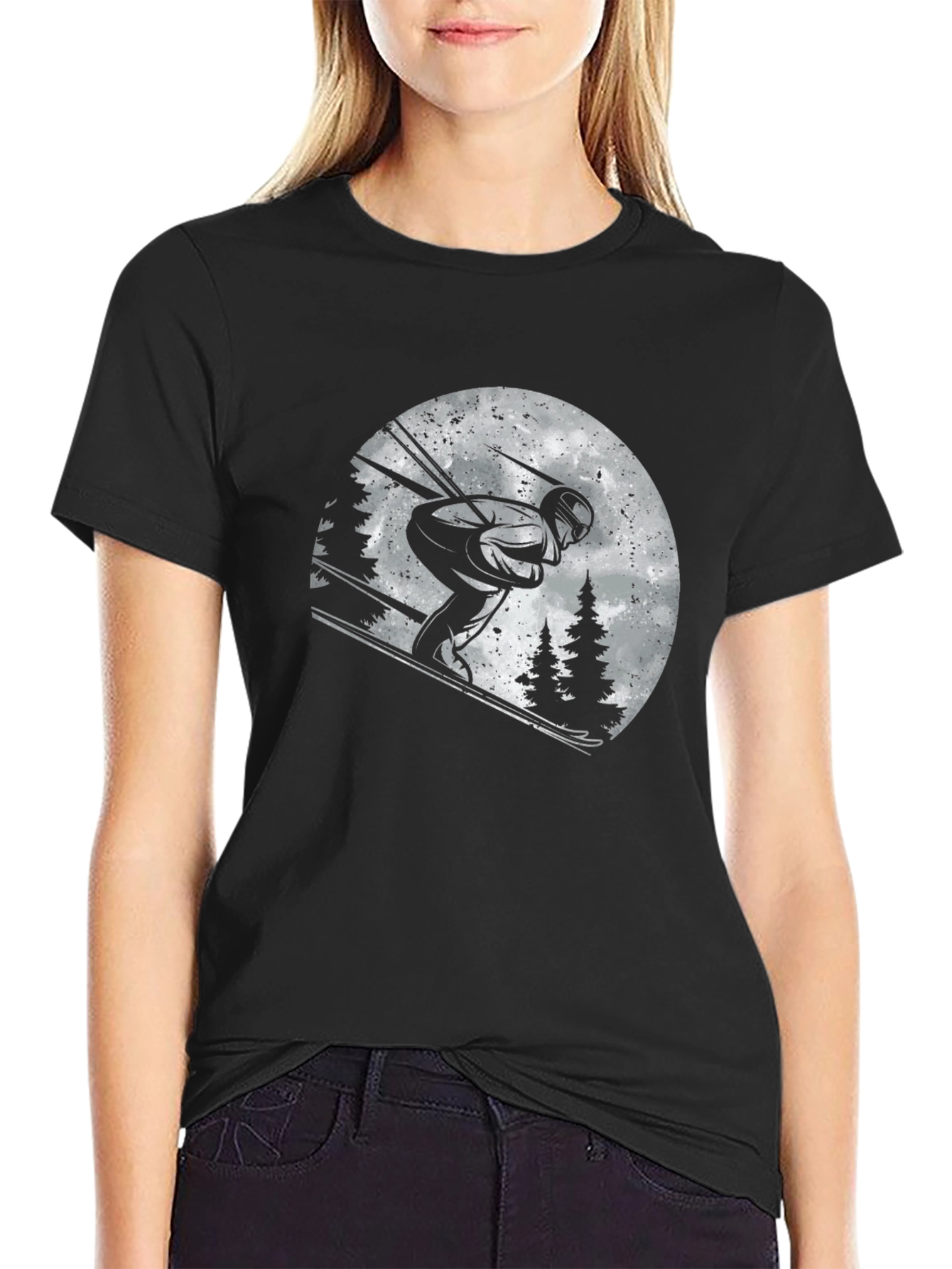 Skiing Graphic T-Shirt - Black Cotton Tee
