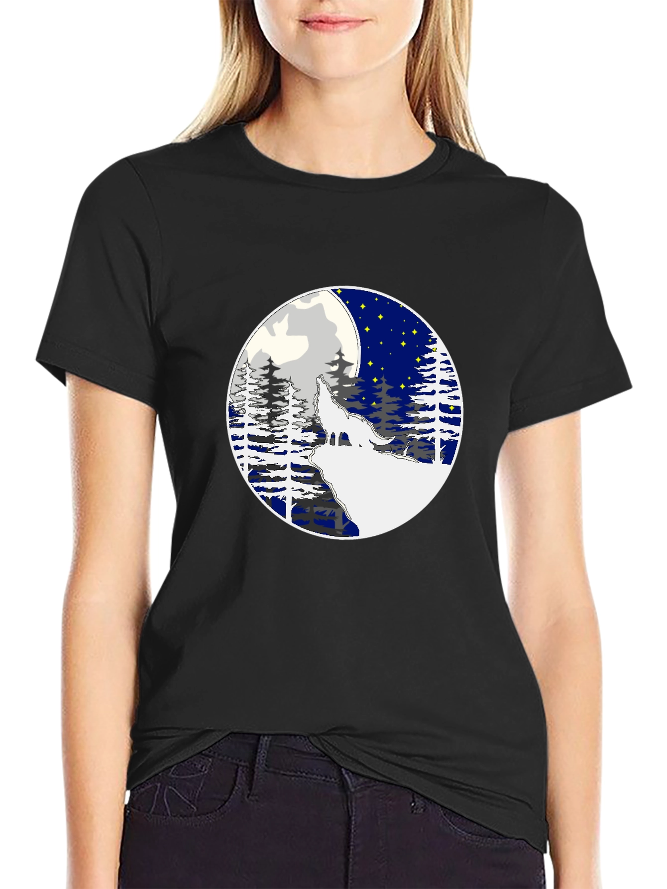 Wolf Howling Moon Graphic Tee - Stylish Black T-Shirt