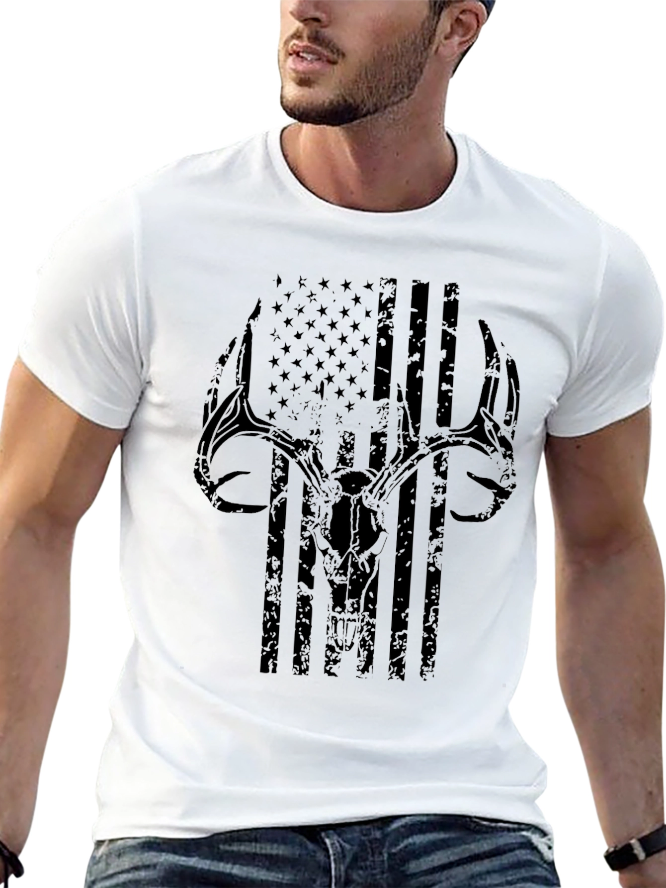 Deer Skull USA Flag Graphic T-Shirt