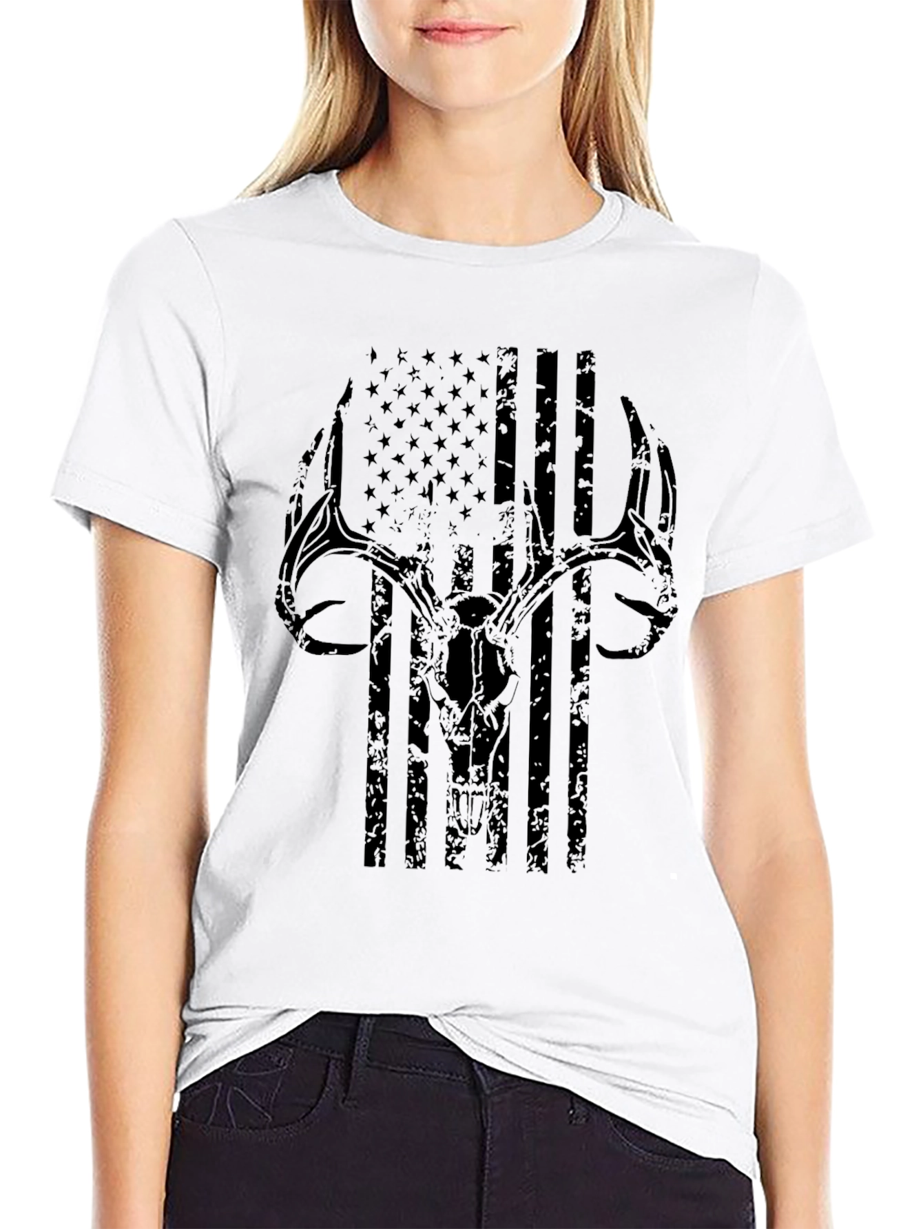 Deer Skull USA Flag Graphic T-Shirt