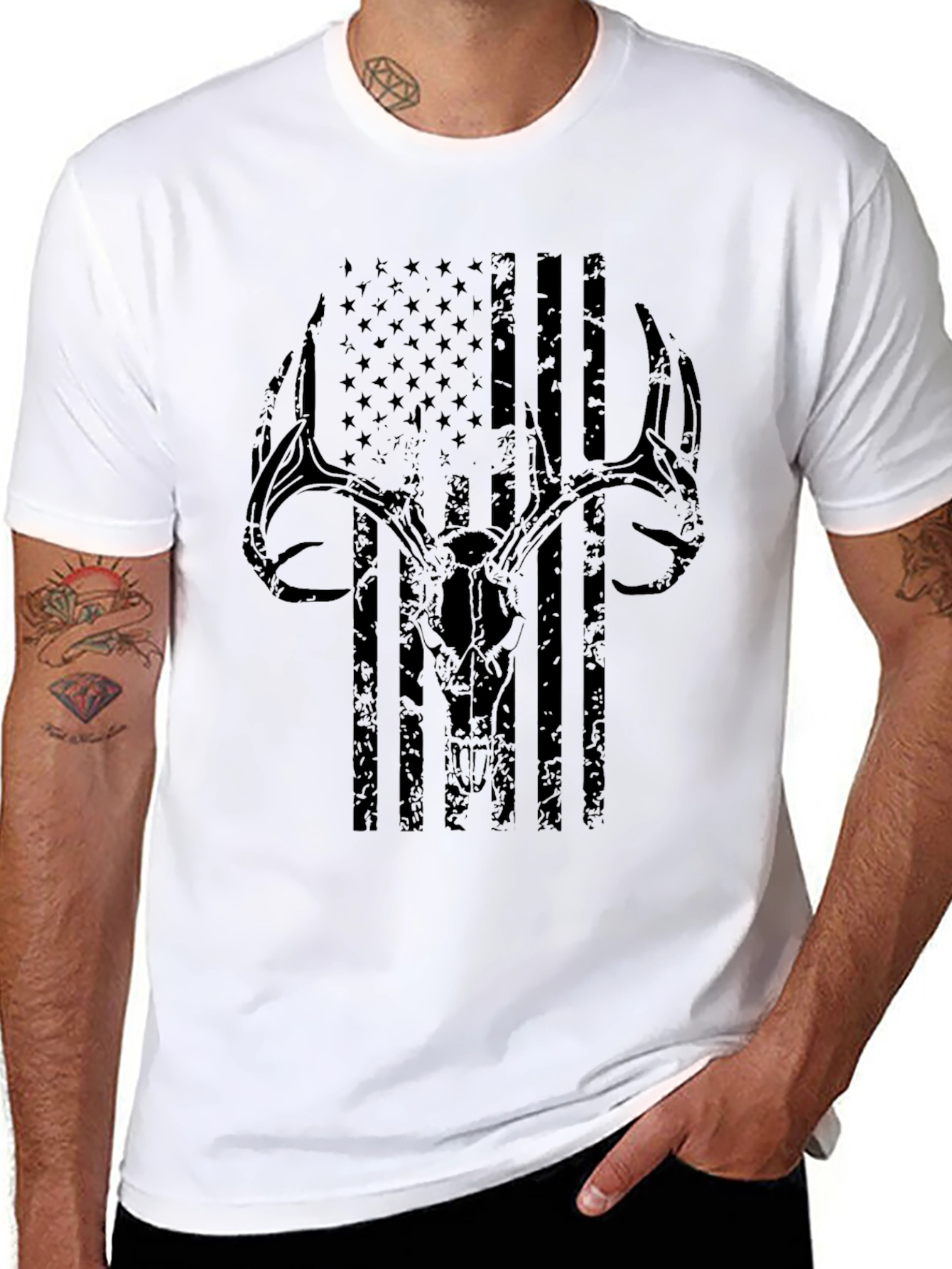Deer Skull USA Flag Graphic T-Shirt