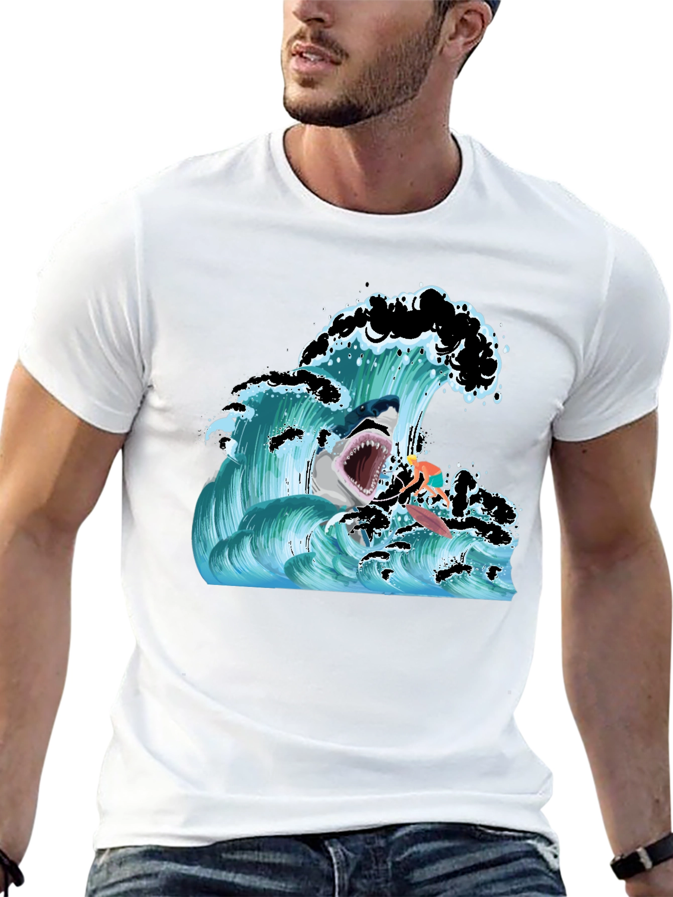 Shark Wave Graphic T-Shirt - Black Short Sleeve