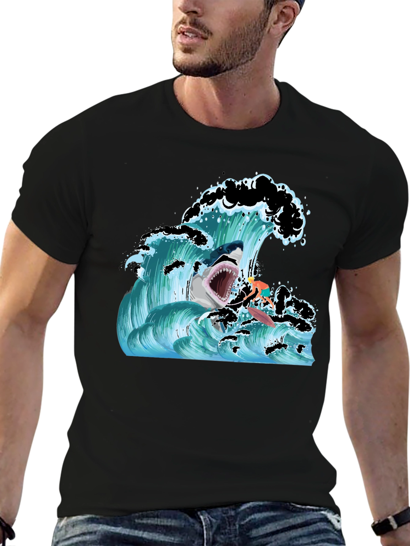 Shark Wave Graphic T-Shirt - Black Short Sleeve