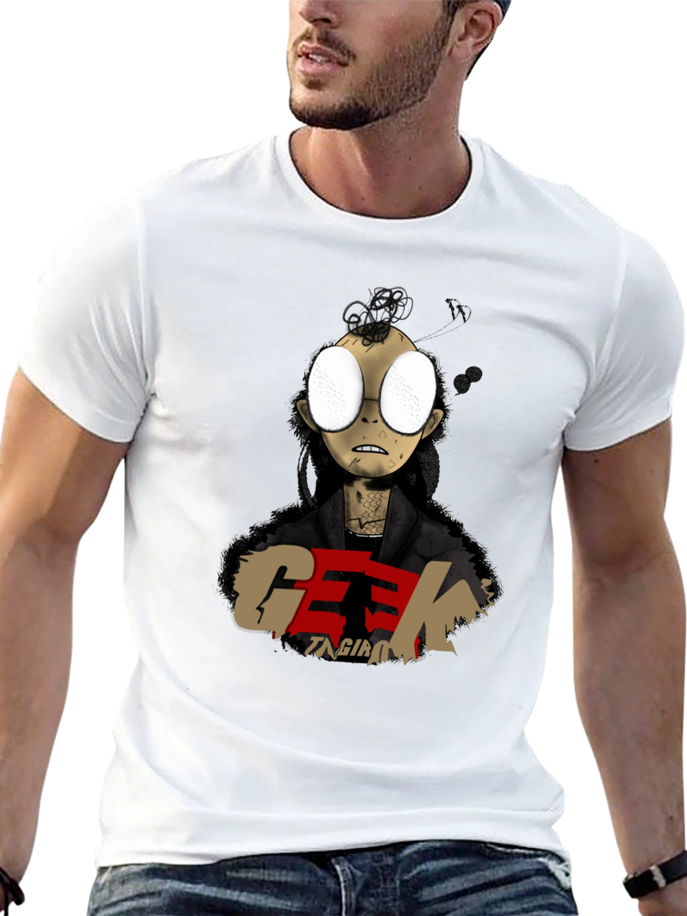 Geek Character Graphic Print Black T-Shirt