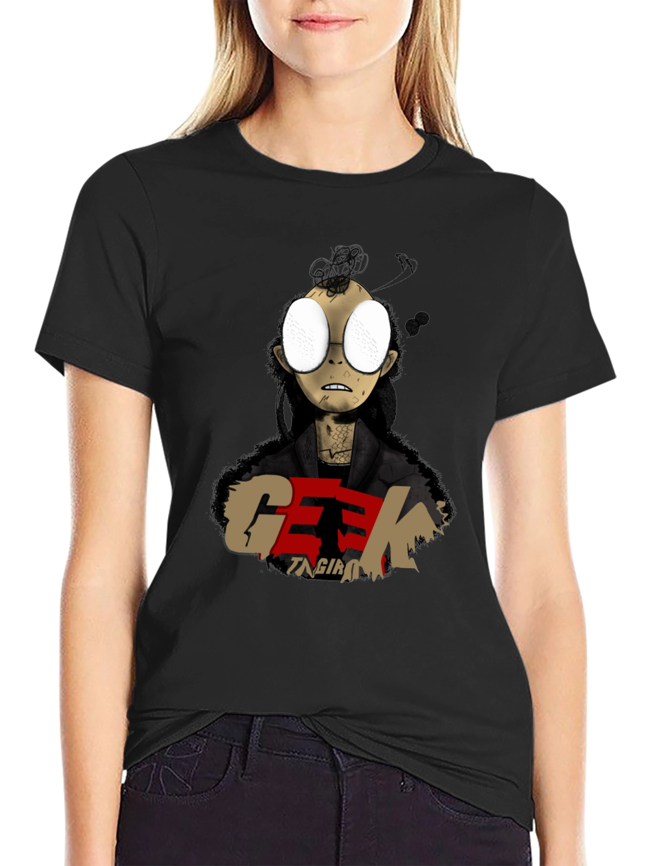 Geek Character Graphic Print Black T-Shirt